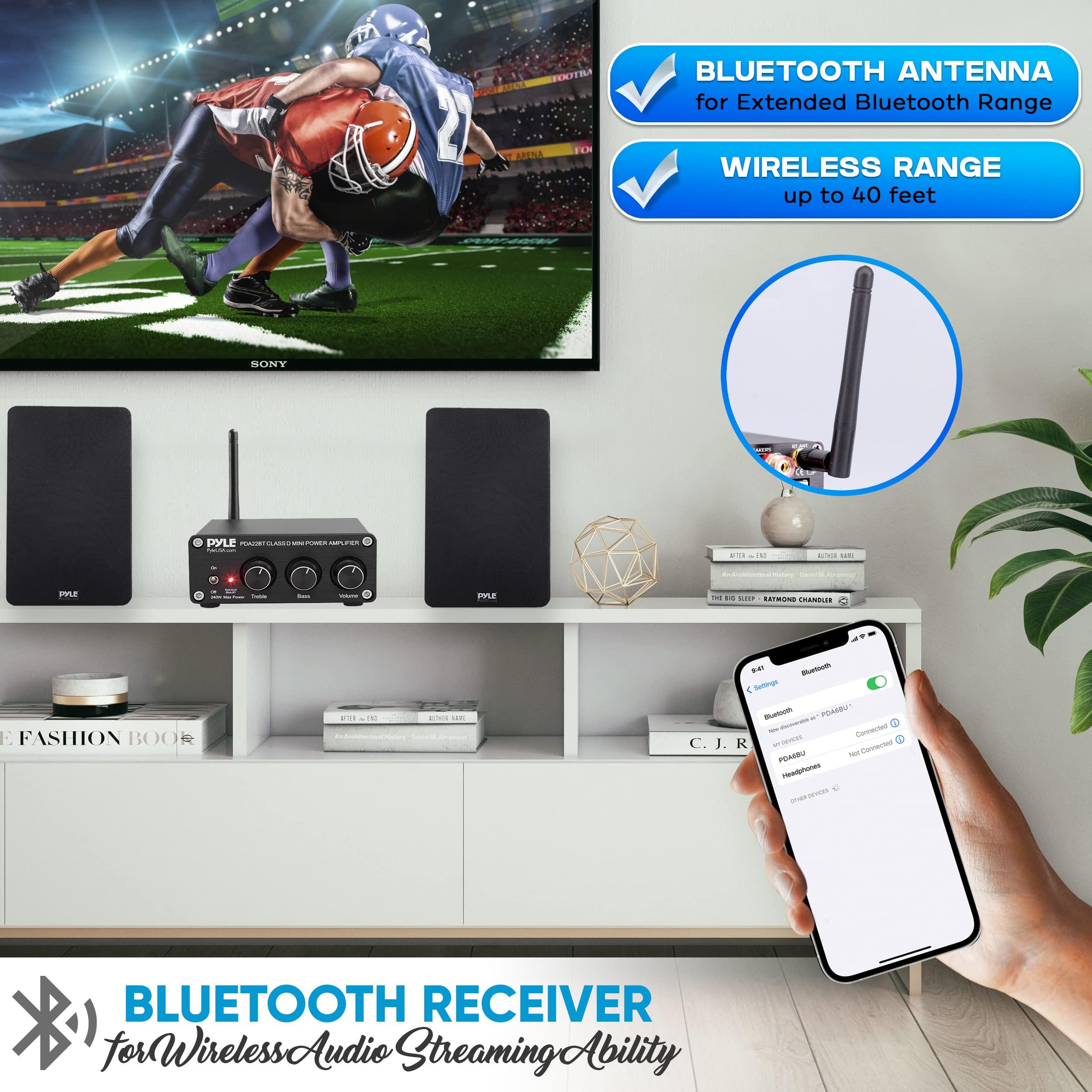 Pyle Pyle Compact Powerful Home Audio Amplifier Receiver Mini with Bluetooth 5.0 Desktop Blue Series 2 x 100 Watt for Home Speakers w/Bass &Treble Control - PDA22BT