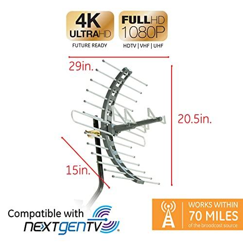 GE home electrical GE Outdoor HD Digital TV Antenna, Long Range Smart TV Antenna, Supports 4K 1080P HD Smart TV VHF UHF, J Mount Included for Attic or Outdoor, Weather Resistant, 29884