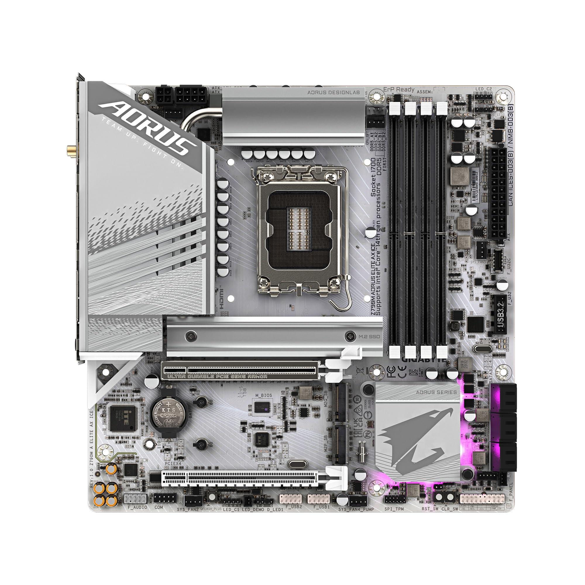 GIGABYTE GIGABYTE Z790M AORUS Elite AX ICE LGA 1700 Intel Z790 M-ATX Motherboard with DDR5, Triple M.2, PCIe 5.0, USB 3.2 Gen2X2 Type-C, Intel Wi-Fi 6E, 2.5GbE LAN, Q-Flash Plus, EZ-Latch Plus