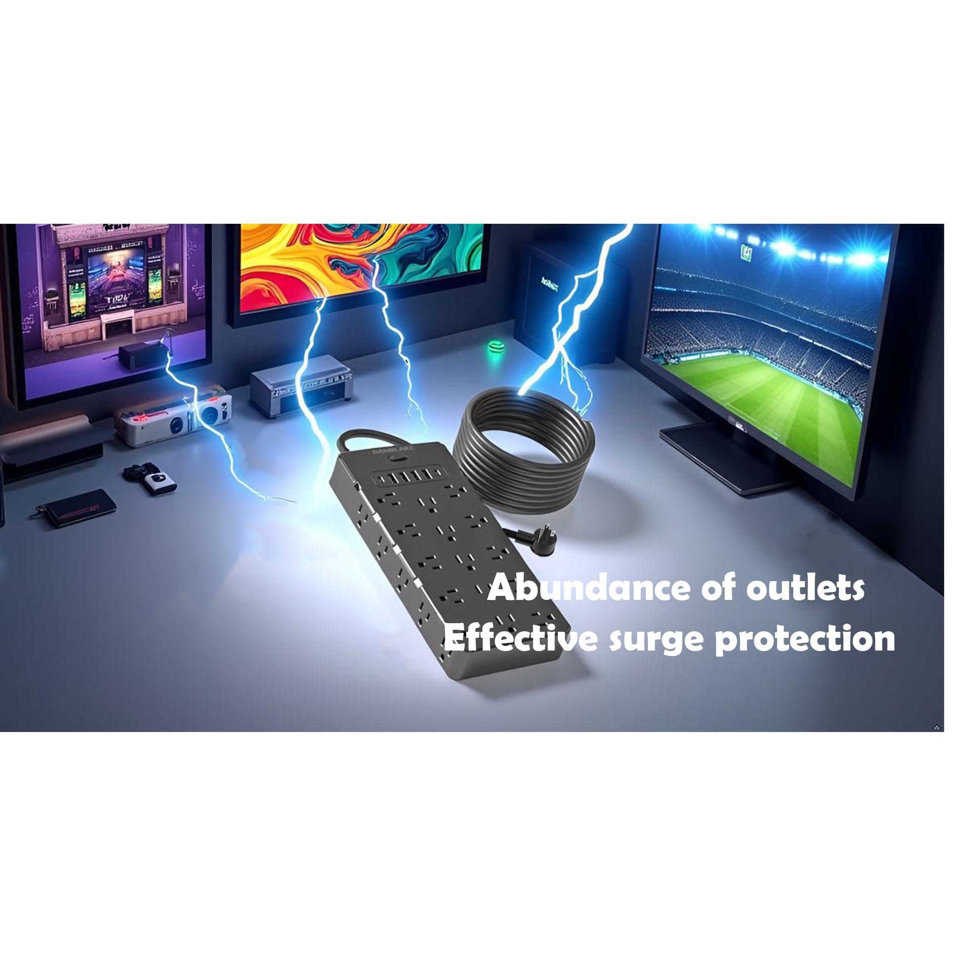 NANOLAKE Large Surge Protector Power Strip with USB Ports (4A+2C),Heavy Duty Extension Cord 14 Gauge 6.5 Ft,4000 Joules Surge Protection,25 Spaced AC Outlets,for Commercial,Home,Office,Dorm,Black,ETL Listed