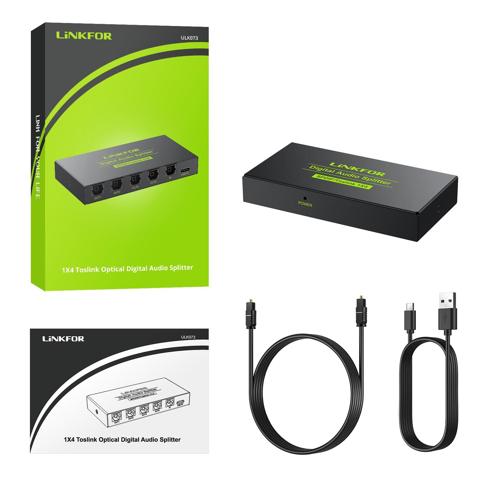 LiNKFOR LiNKFOR Digital Optical Audio 1x4 Splitter Digital SPDIF Toslink Optical Fiber Audio Splitter 1 in 4 Out Aluminum Alloy with Optical Cable for PS3 Blue-Ray DVD HDTV