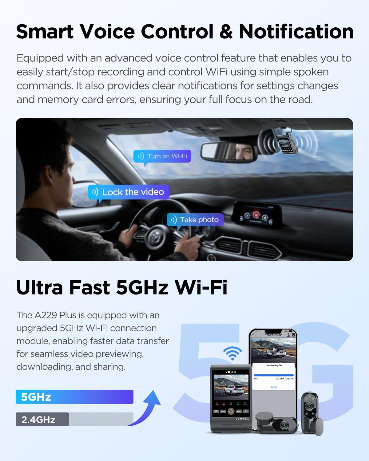 VIOFO VIOFO A229 Plus 3 Channel Dash Cam, Dual STARVIS 2 Sensors, 3-Channel HDR, 1440P+1440P+1080P Front Inside and Rear Car Camera, 5GHz Wi-Fi, Voice Control, Ultra-Precise GPS, 24 Hours Parking Mode