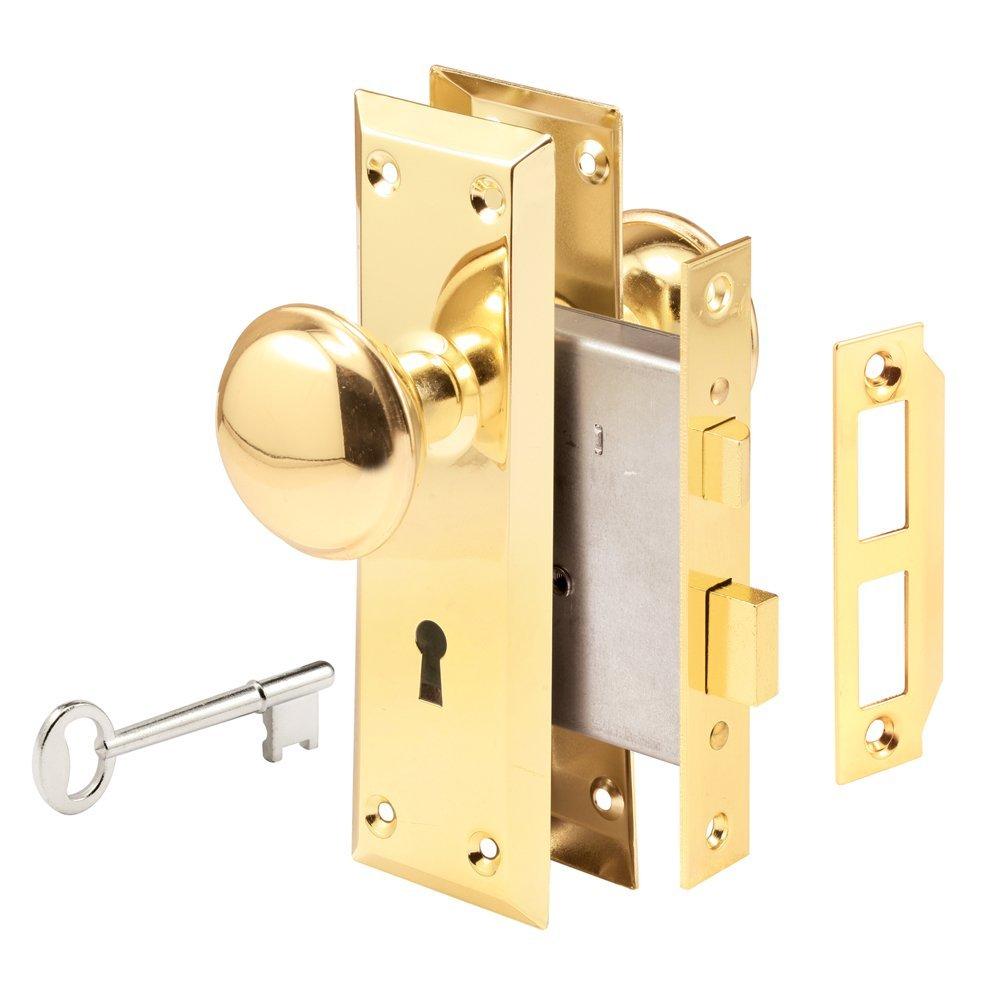 PRIME-LINE Prime-Line E 2293 Mortise Keyed Lock Set with Polished Brass Knob Perfect for Replacing Broken Antique Lock Sets and More, Fits 1-3/8 In.-1-3/4 In. Interior Doors, Polished Brass (Single Pack)
