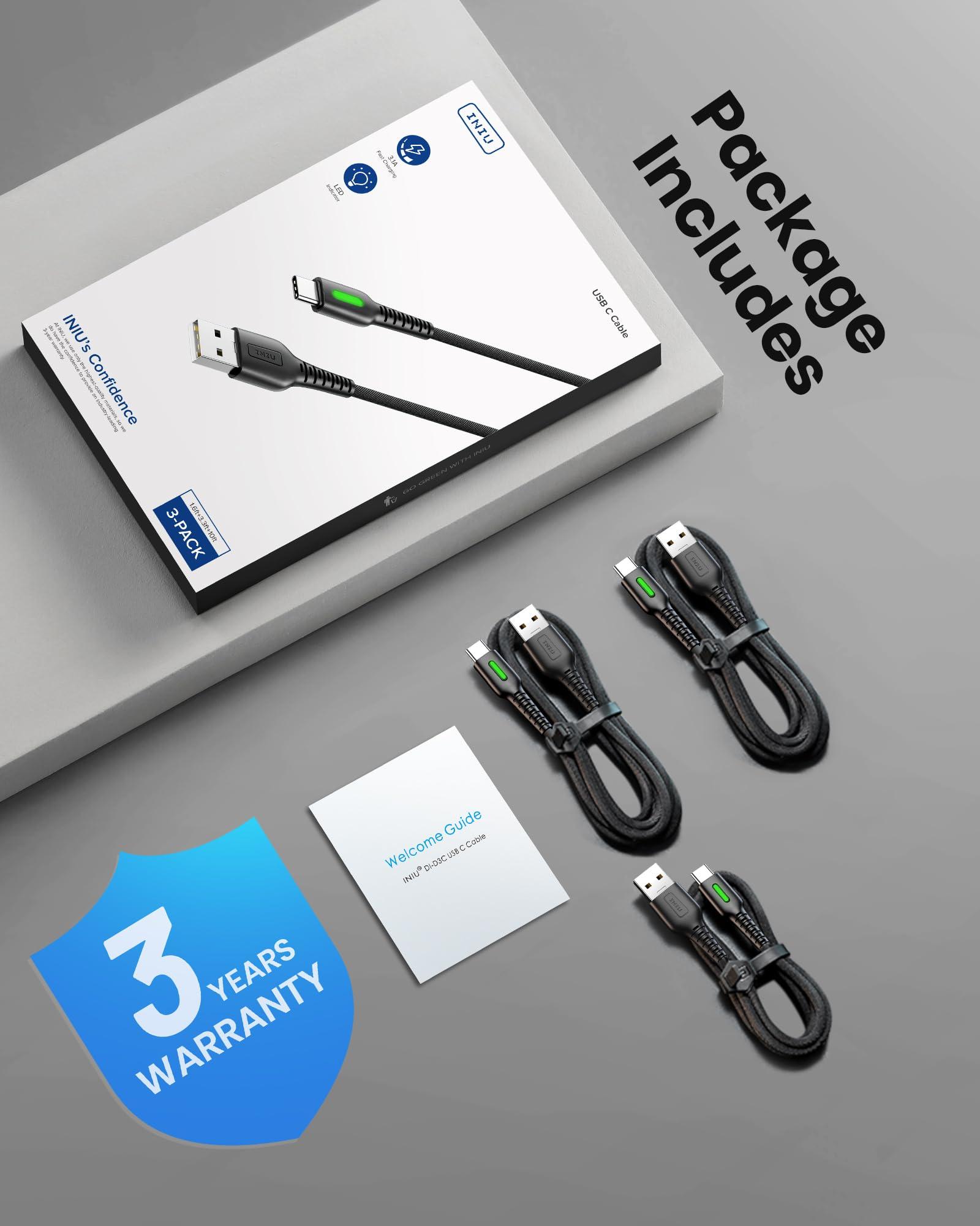 INIU INIU USB to C Cable, 3 Packs [1.6ft+3.3ft+10ft] 3.1A USB A to USB C Fast Charging Cable, Braided Type C Phone Charger Cord for iPhone 16 15 Pro Samsung Galaxy S21 S20 S10 S9 Pixel LG Android