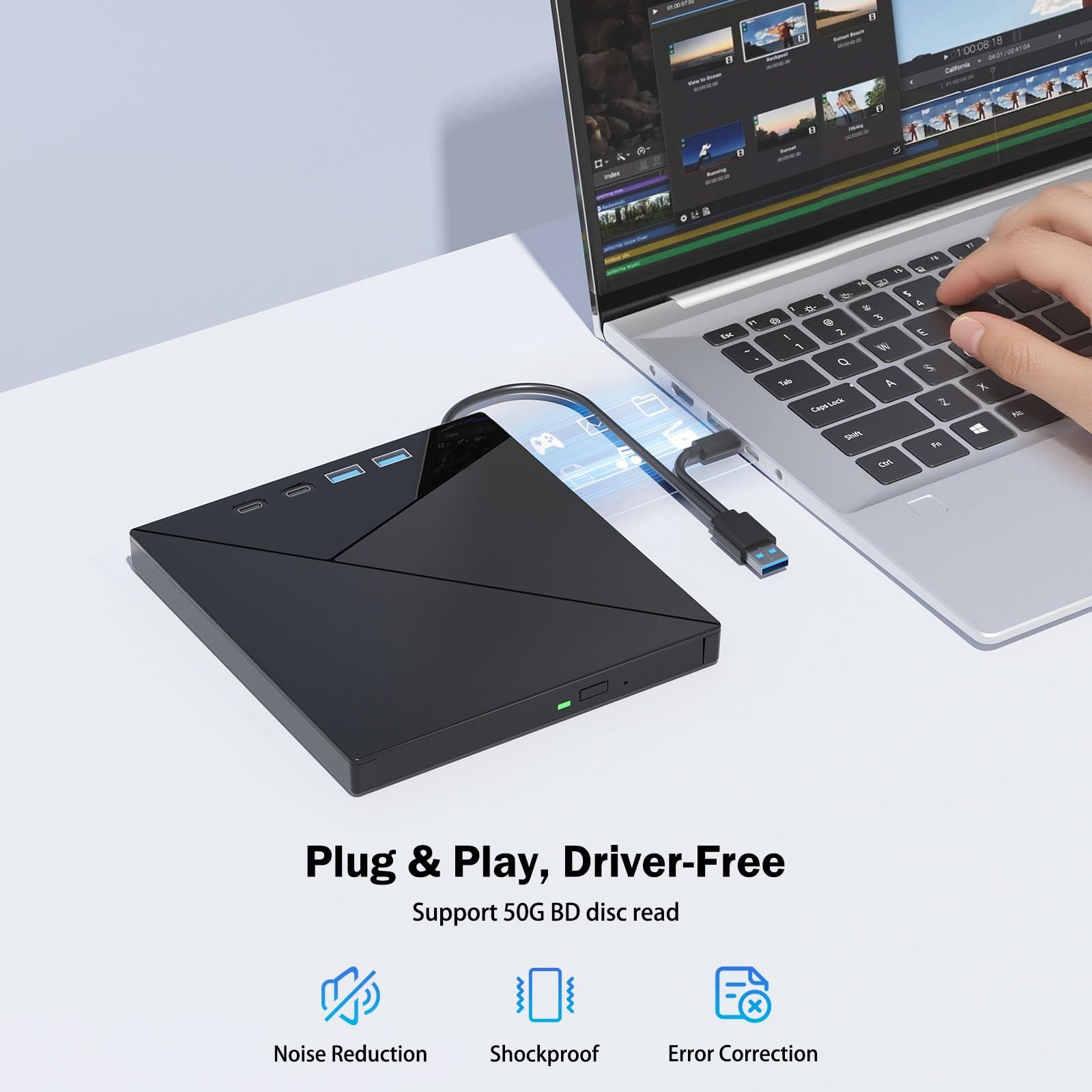 Wbacon 7 in 1 External Blu Ray Drive, 4k Blu Ray Burner with USB 3.0 Type-C Portable Blu Ray Drive, CD DVD Burner 3D BD Player with SD/TF Ports, 4k Optical Drive Compatible with Windows MacOS Laptop Desktop