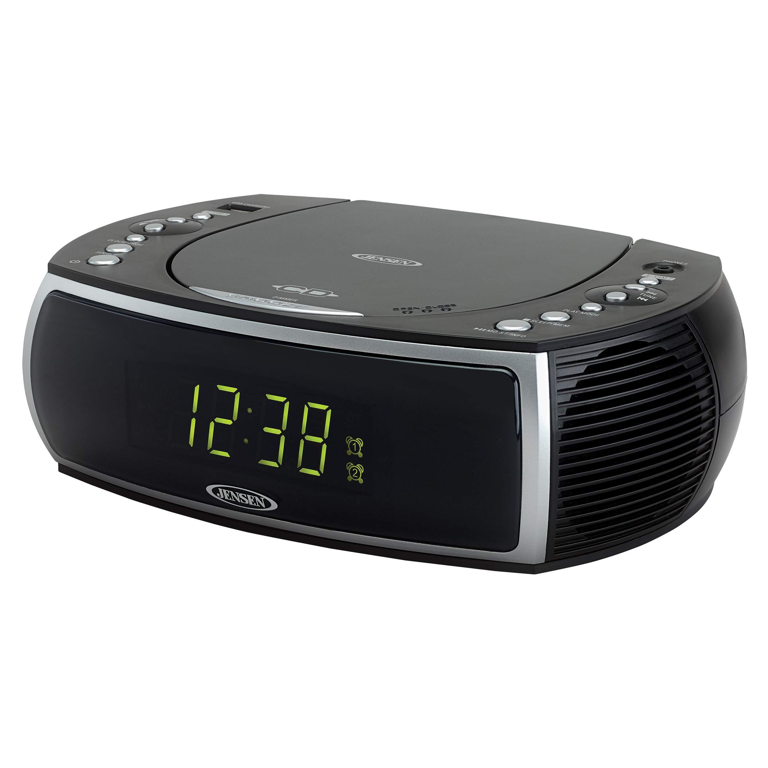 Jensen Jensen Modern Home CD Tabletop Stereo Clock Digital AM/FM Radio CD Player Dual Alarm Clock Stereo CD Top-Loading Disc Player | USB Charging Port DV 5V 800mA | Headphone Jack | 0.9 Display Green LED