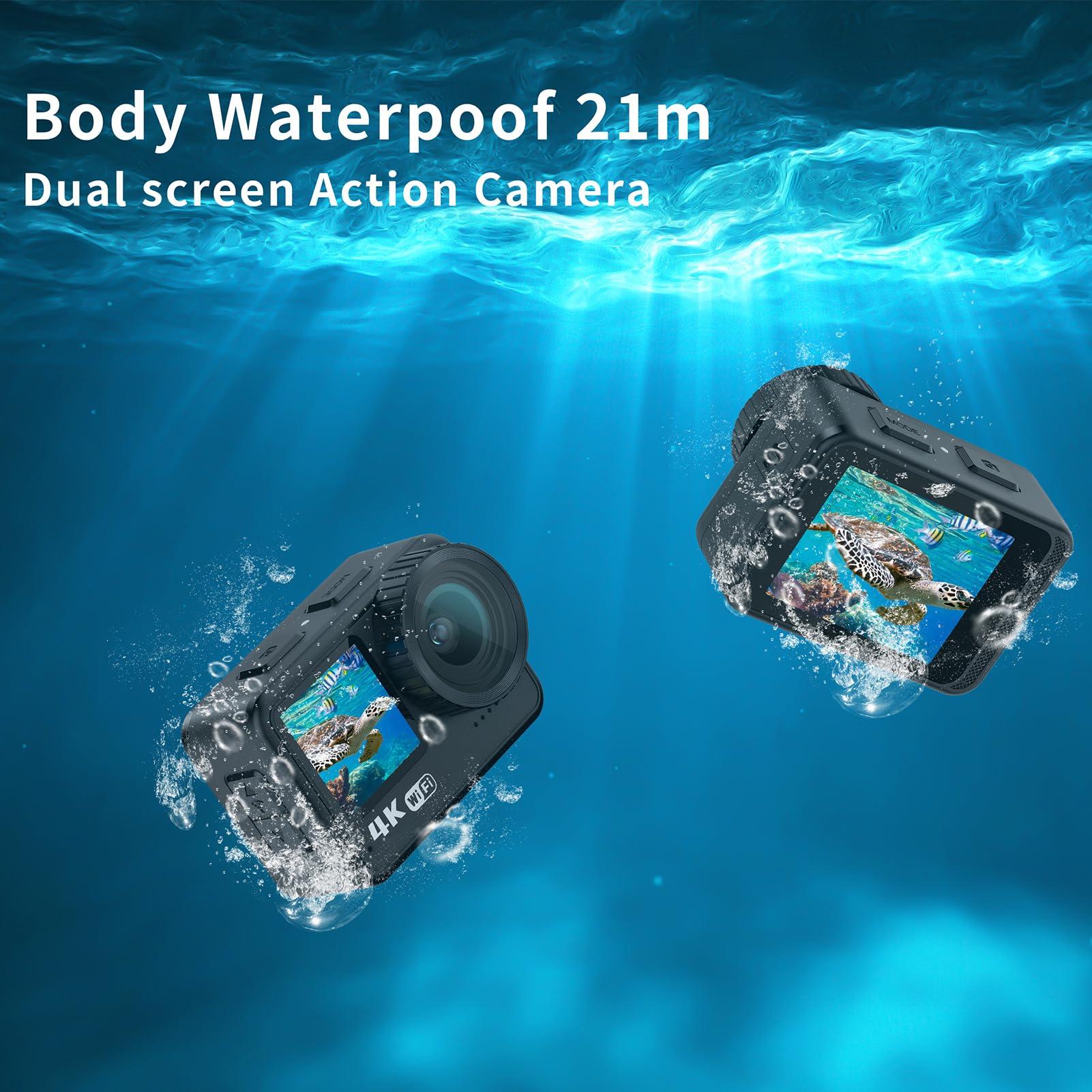 Andoer Andoer 4K 60FPS Action Camera 24MP WiFi Sports Camera 170Wide Angle Lens Dual Screen Touch Control Anti-Shake 21M/69ft Body Waterproof with Mounting Accessories Kit for Diving Surfing Skiing Cycling