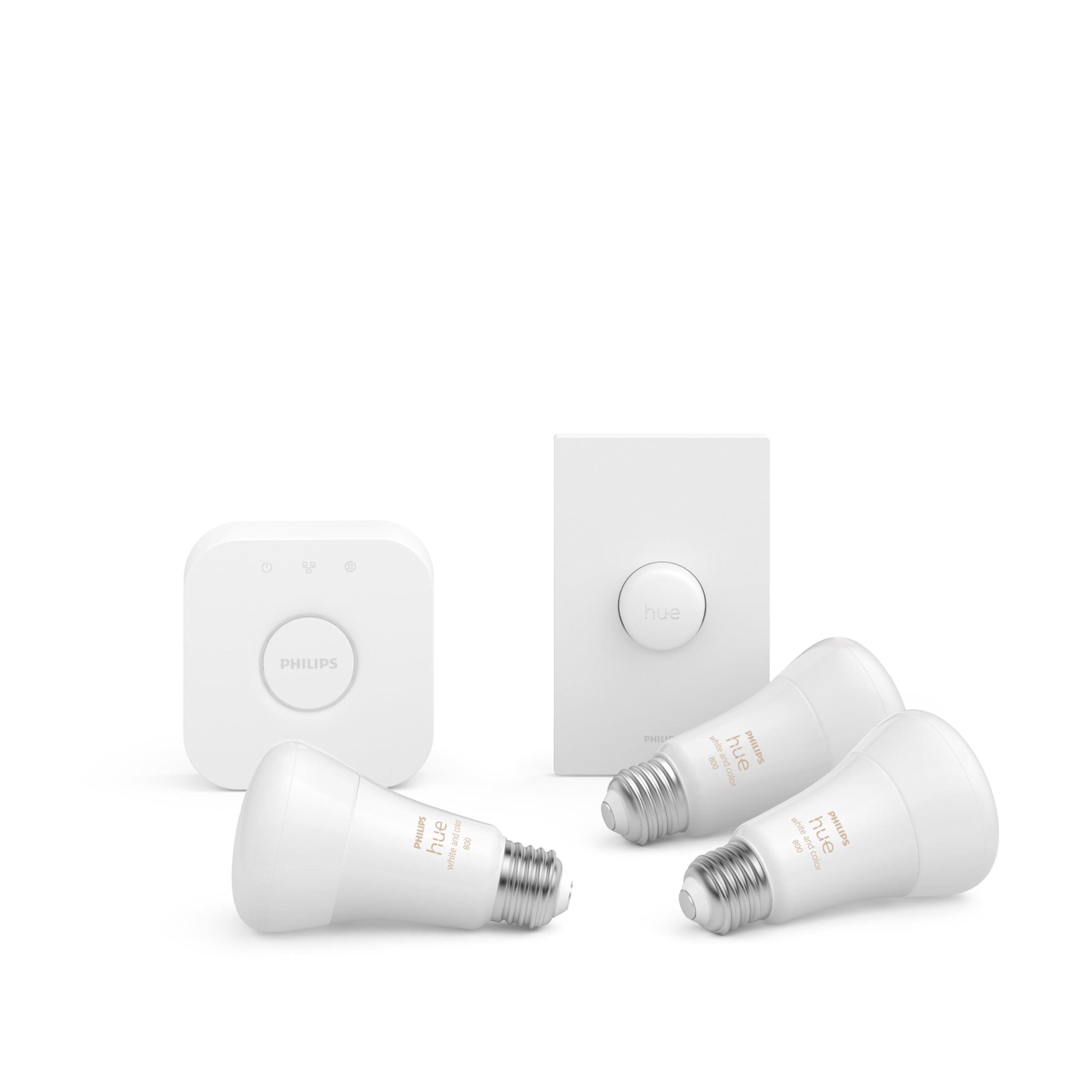 Philips Hue Philips Hue White and Color Ambiance Base Lumen (60W) Smart Button Starter Kit, 16 Millions Colors, Works with Amazon Alexa, Google Assistant, Apple HomeKit 60 Watt (OLD VERSION)