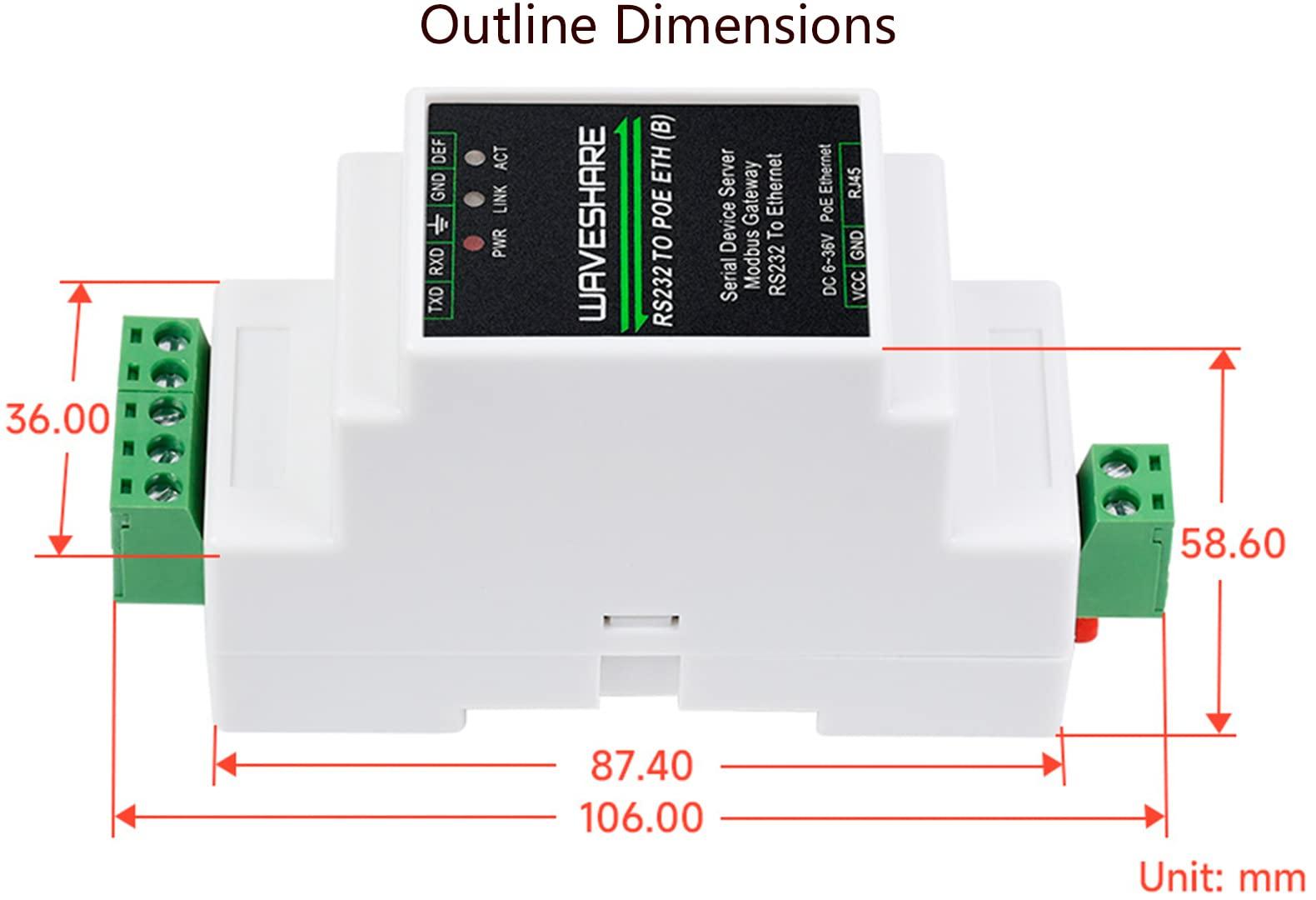 waveshare RS232 to RJ45 Ethernet Converter Adapter Rail-Mount RS232 Serial Server, Bi-Birectional Transparent Data Transmission Between RS232 and Ethernet, Support Modbus Gateway, MQTT Gateway, RS232 to JSON