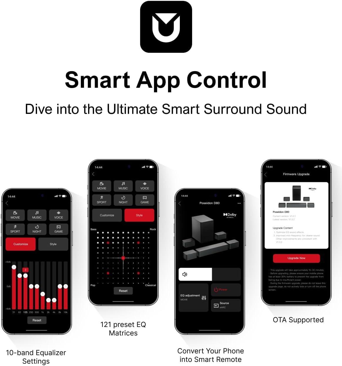 ULTIMEA ULTIMEA 7.1Ch Soundbar with Dolby Atmos, APP Control, Surround Sound System for TV, 4 Wired Surround Speakers, Sound Bar for TV with 6.5" Wireless Subwoofer, Soundbar for TV, Poseidon D80 Upgraded