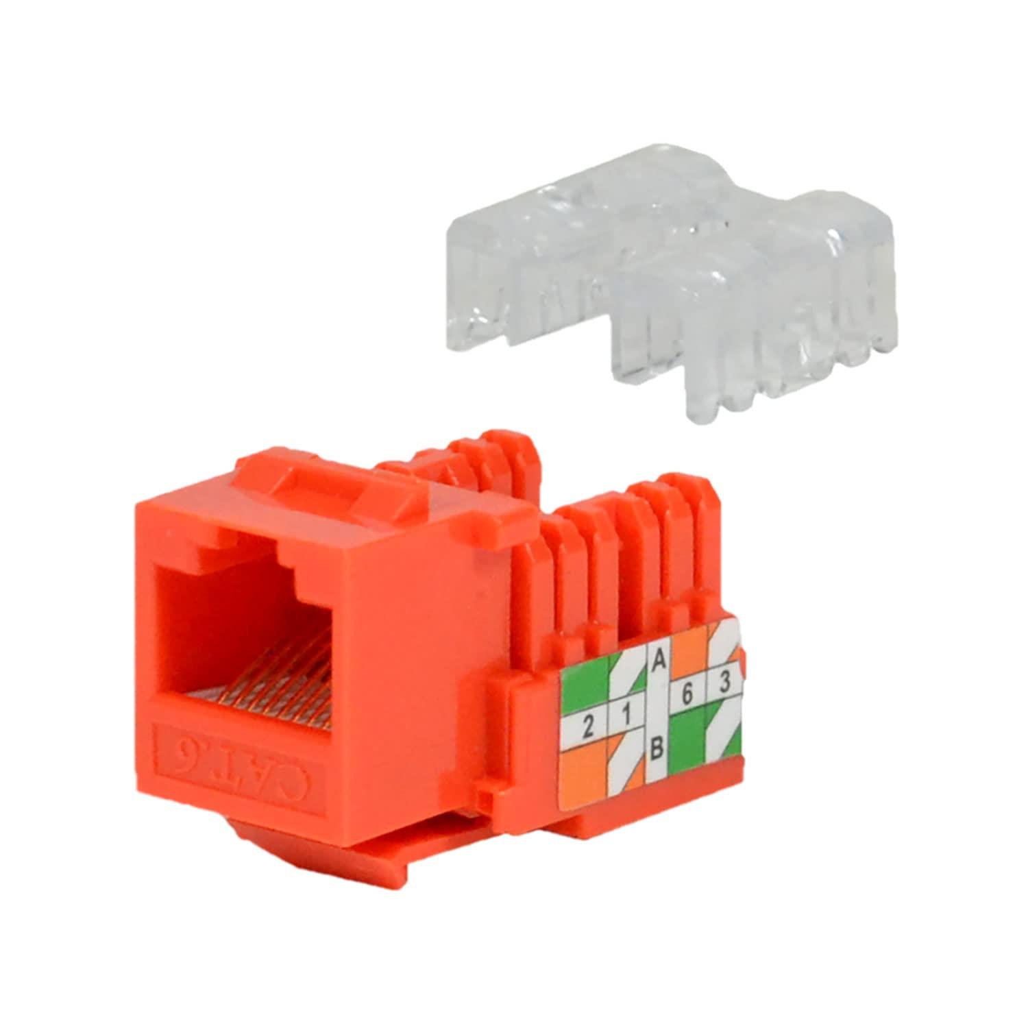 LOGICO LOGICO 100 Pieces Cat6 Keystone Jacks Orange with Dust Cap – 22-26 AWG PCB Female RJ45 Connectors for Network Ethernet Wall Jack Insert | Cat6 110 Punch Down Block Socket 8-Port, 8-Connector (8P8C)