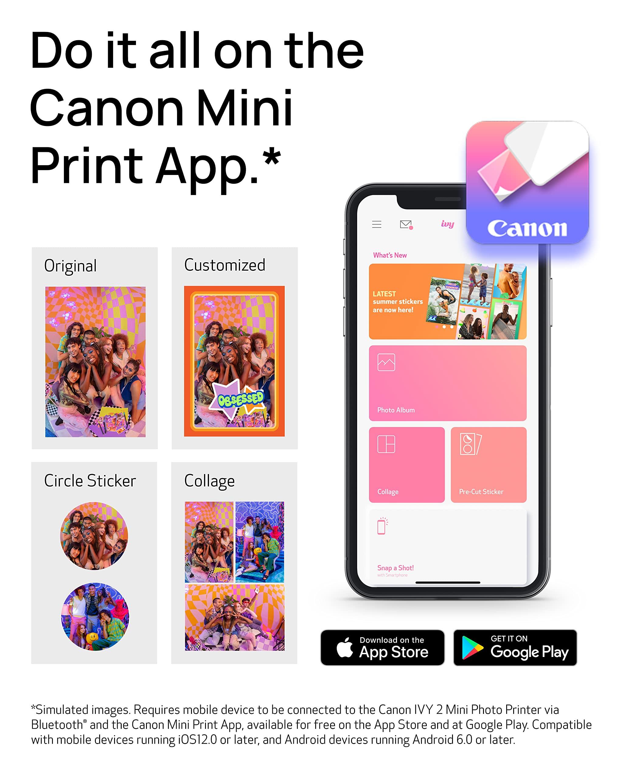 Canon Canon IVY 2 Mini Photo Printer, Print from Compatible iOS & Android Devices, Sticky-Back Prints, Pure White + Canon Zink Photo Paper Pack (20 sheets)