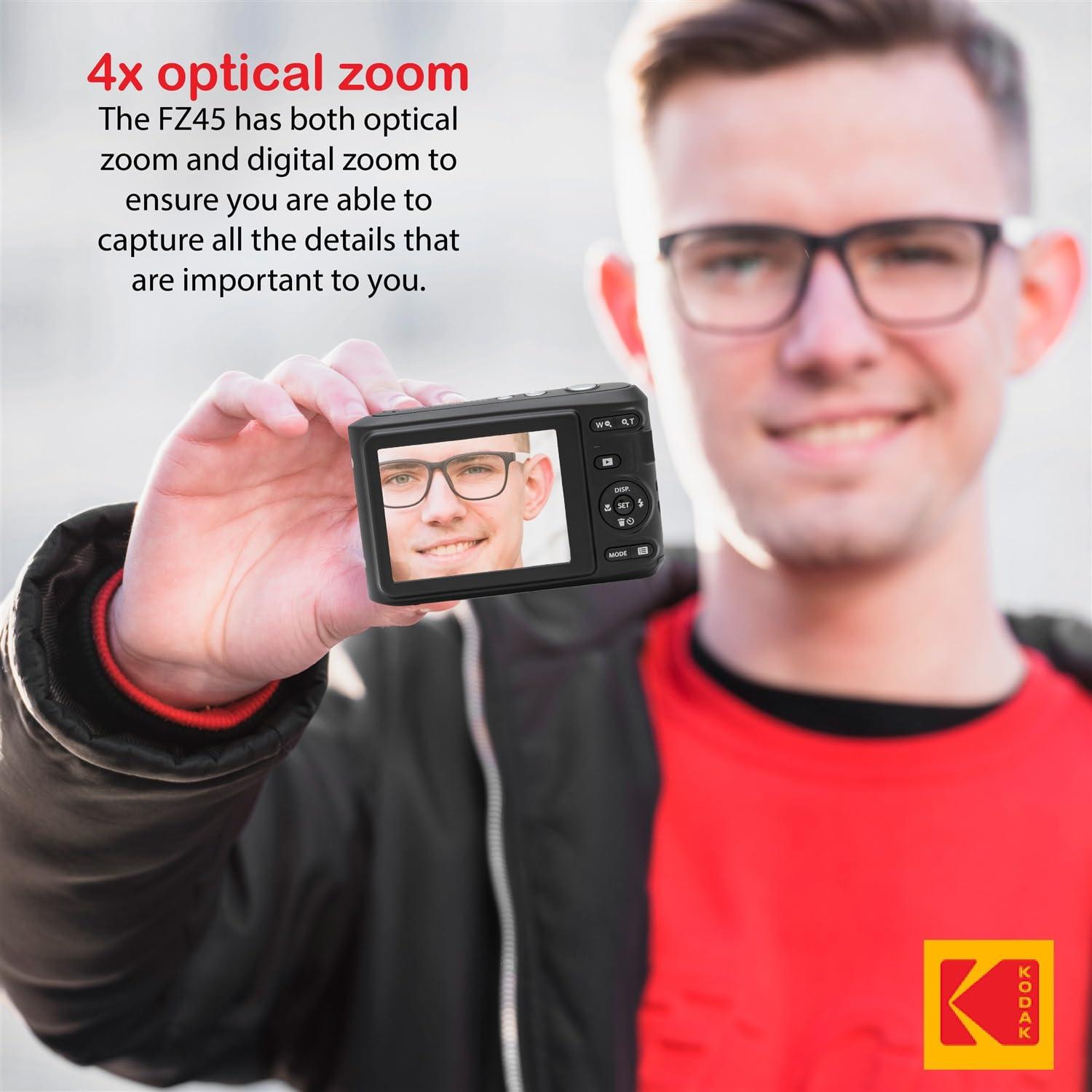 PHOTO4LESS Kodak PIXPRO FZ45 Digital Camera Bundle with Black Point & Shoot Camera Case + Transcend 64GB SD Memory Card + Tri-fold Memory Card Wallet + Hi-Speed SD USB Card Reader + More (Black)