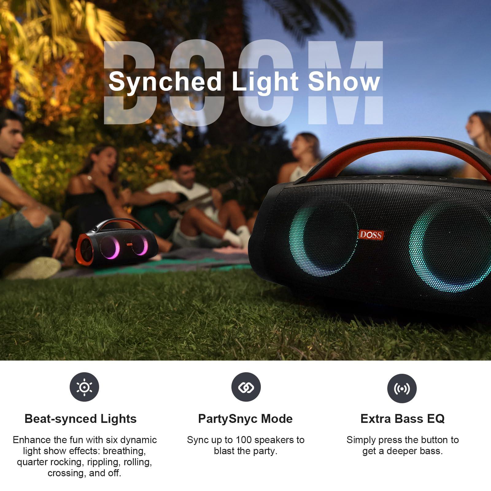 DOSS DOSS Extreme Boom+ Outdoor Bluetooth Speaker with 100W Stereo Sound, Extra Bass, 20H Playtime, Party-Sync LED Lights, Built-in Power Bank, IPX6 Waterproof Speaker for Camping, Pool, Beach, Yard