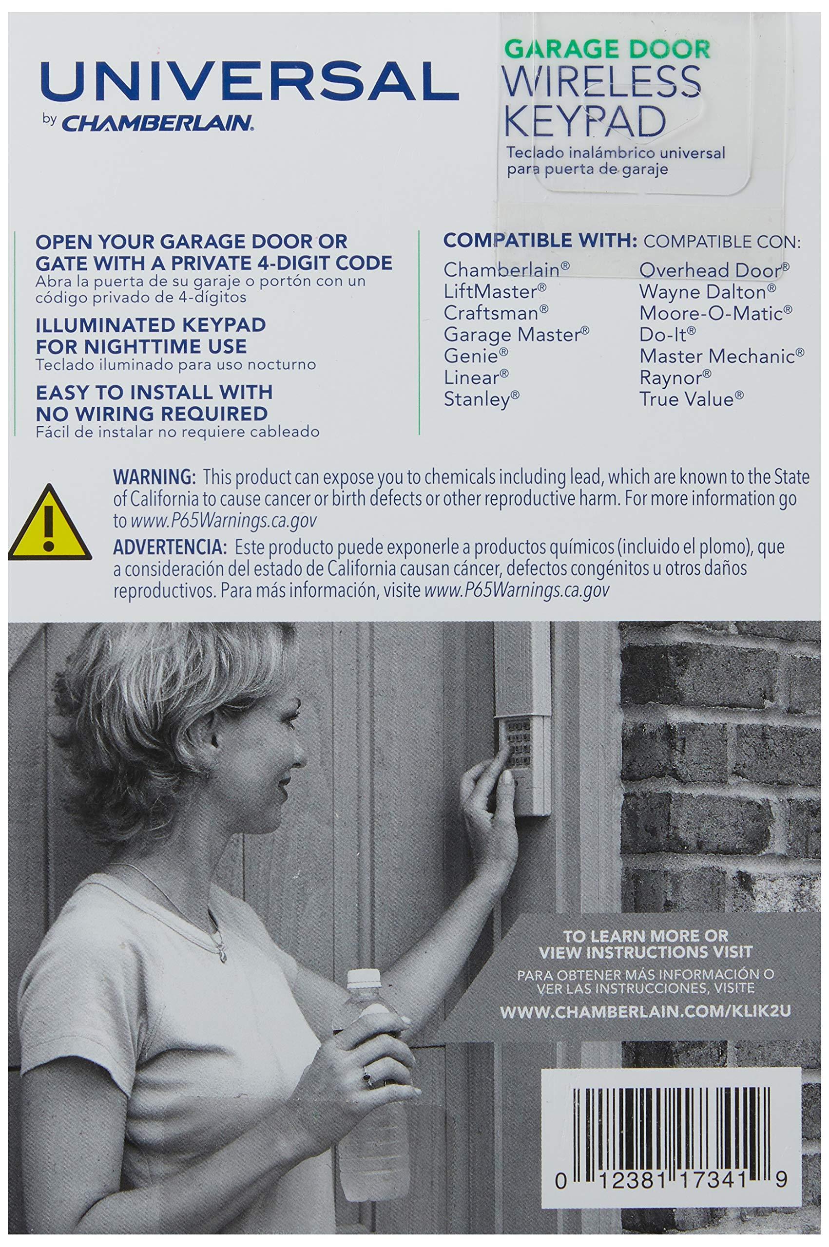 CHAMBERLAIN CHAMBERLAIN Clicker Keyless Entry KLIK2U-P2, Works with Chamberlain, LiftMaster, Craftsman, Genie and More, Security +2.0 Compatible Garage Door Opener Keypad, White