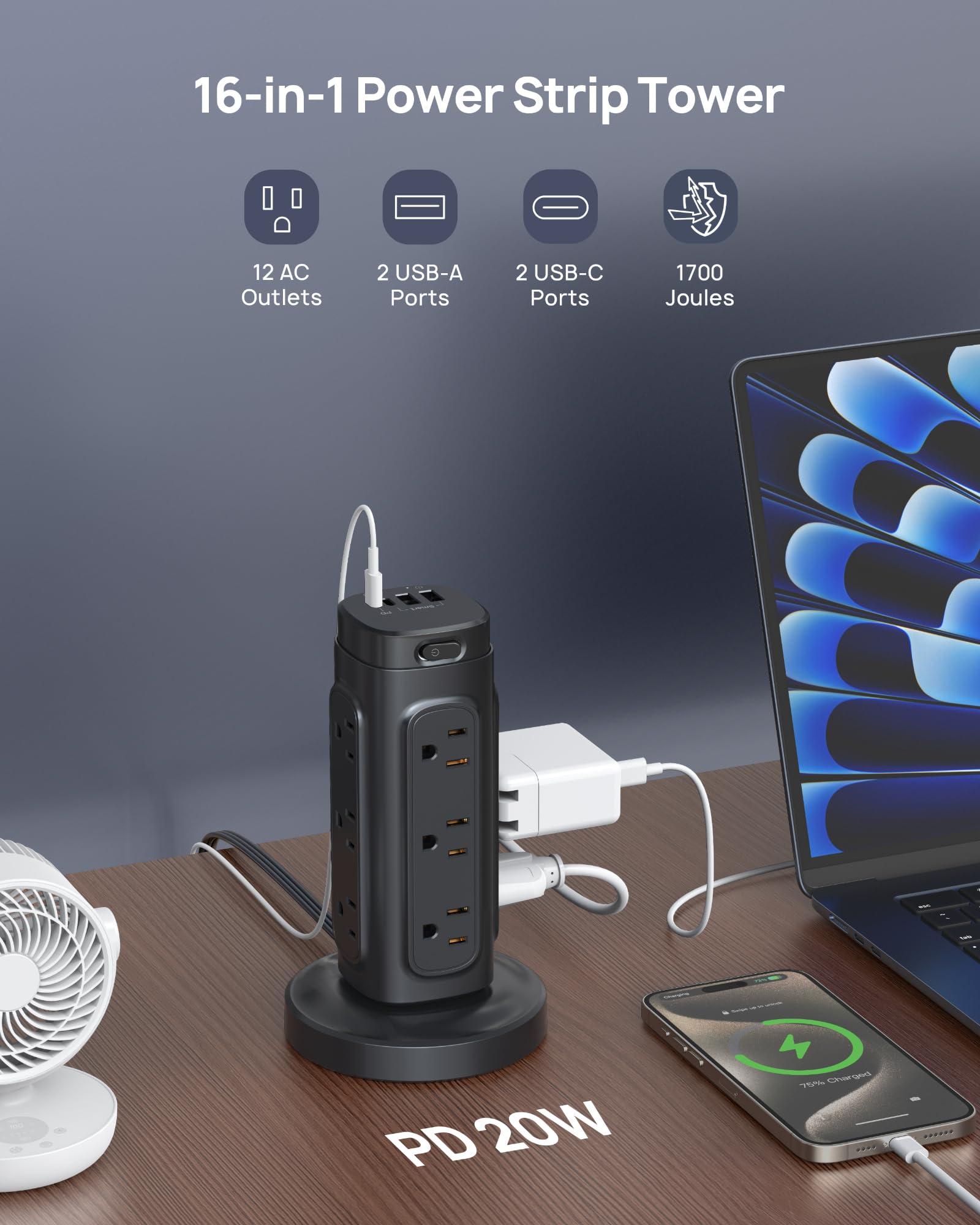 TROND TROND Retractable Power Strip Tower - Flat Plug Surge Protector Power Strip with USB C PD 20W, 5ft Extension Cord with Multiple Outlets, 1700 Joules, Office Desk Supplies, Dorm Room Essentials, Black