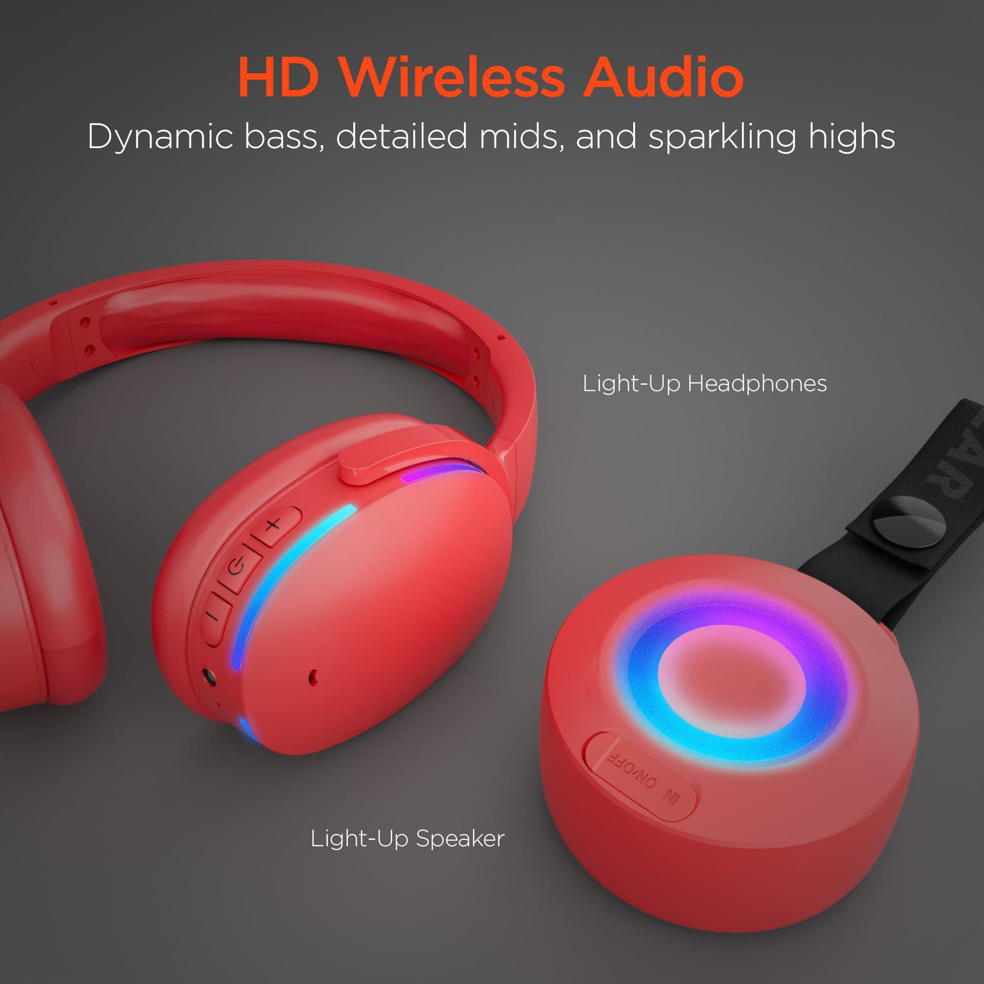 HyperGear HyperGear Wireless Bluetooth Headphones + Loud HD Stereo Sound Speaker Over-Ear Noise-Isolating Fit Headset with Built-in Mic [LED Light Up Earphones + Speaker] Red