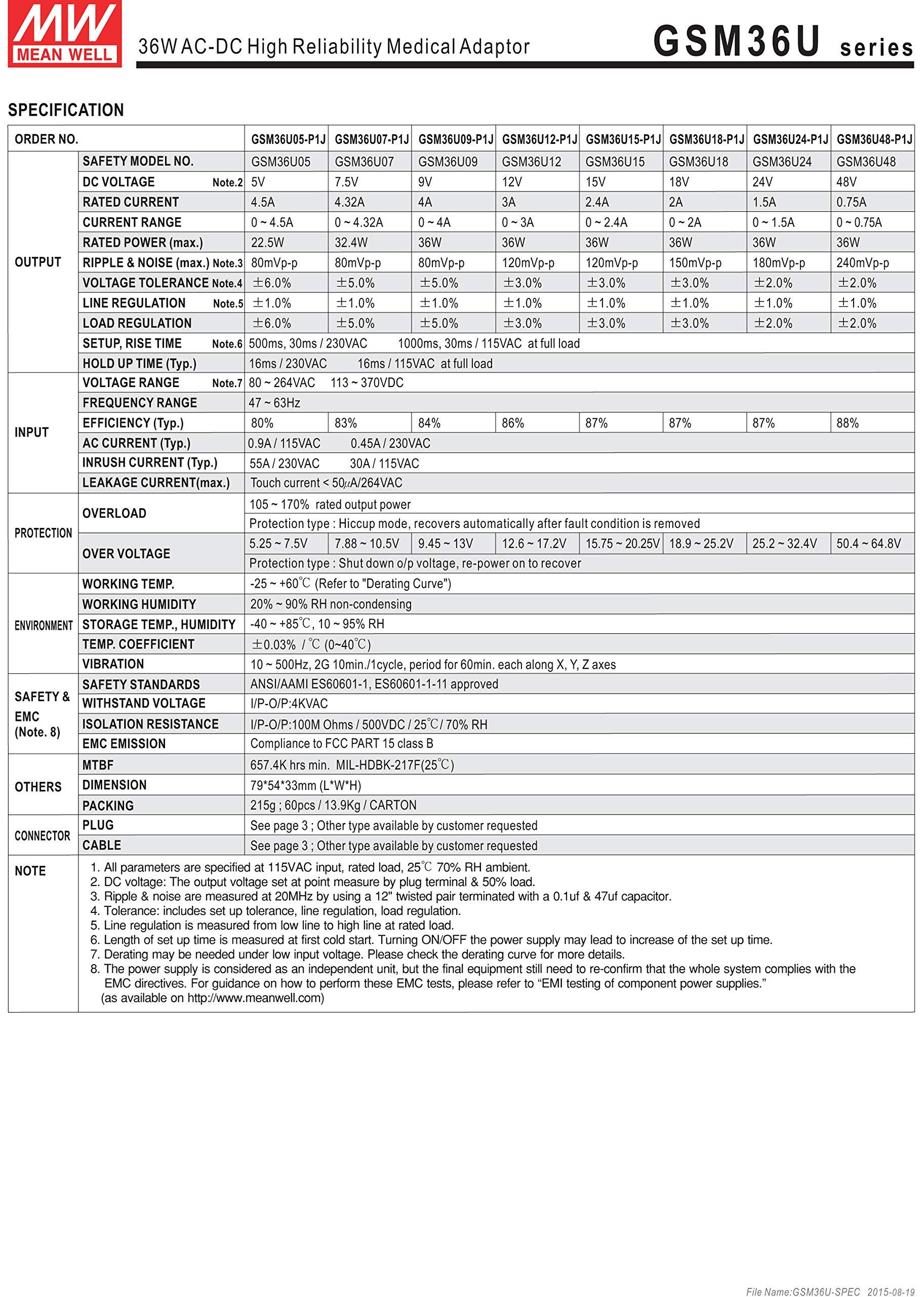 MEAN WELL MEAN WELL GSM36U24-P1J 24V 1.5A 36W AC-DC High Reliability Medical Adaptor