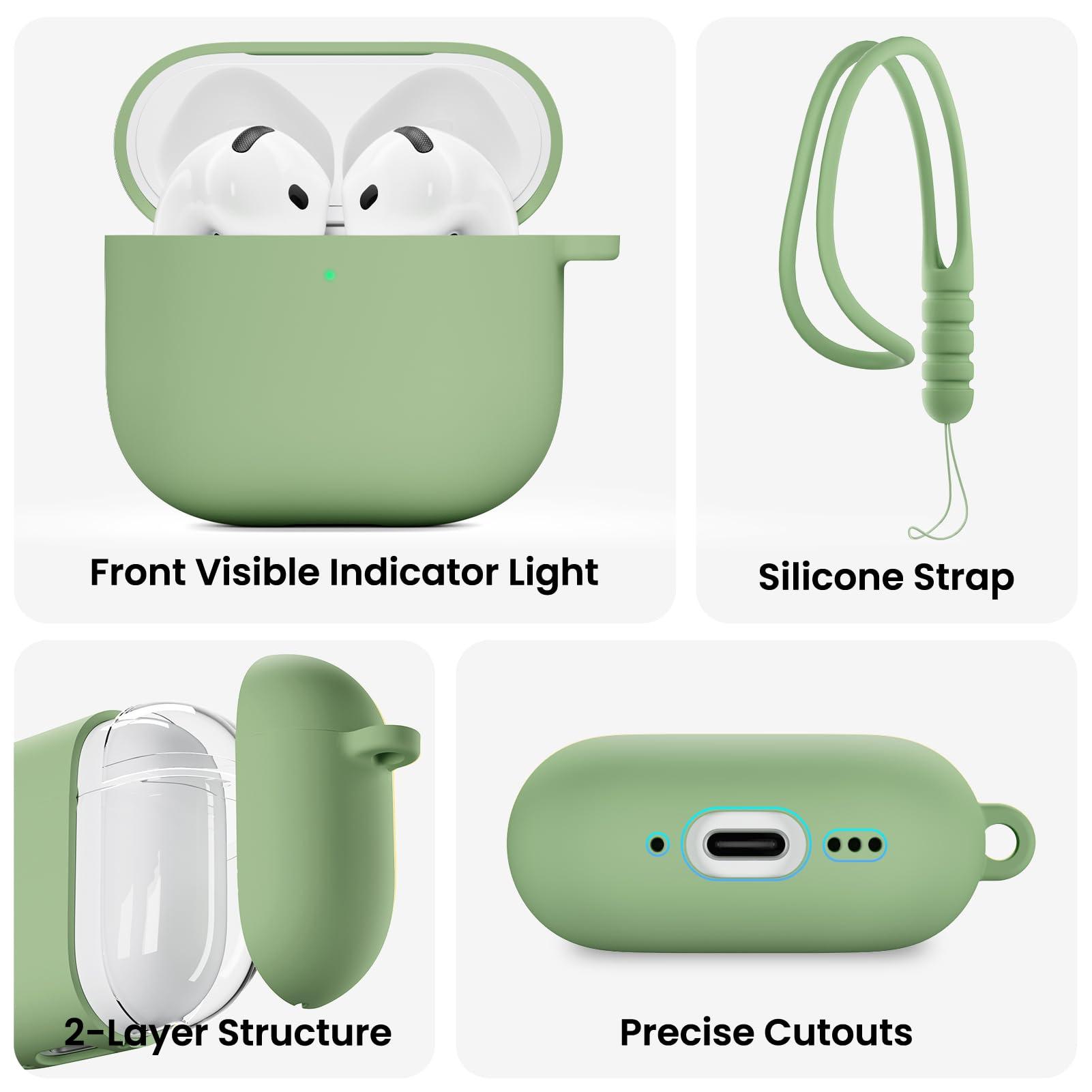 ORNARTO ORNARTO for AirPods 4 Case, Soft Silicone Full Protective Cover with LED Visible, Compatible with AirPods 4th Generation 2024 - Pistachio Green