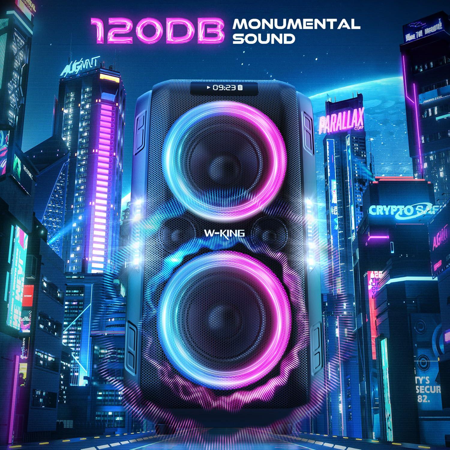 W-KING W-KING Party Large Bluetooth Speaker Loud-(200W PEAK)120W Extra Deep Bass, V5.3 Big Boombox Karaoke Portable Speaker Wireless, 12 Custom Bass, Massive 120dB/IPX5/Lights/USB Play/MIC&Guitar Port/TF/AUX