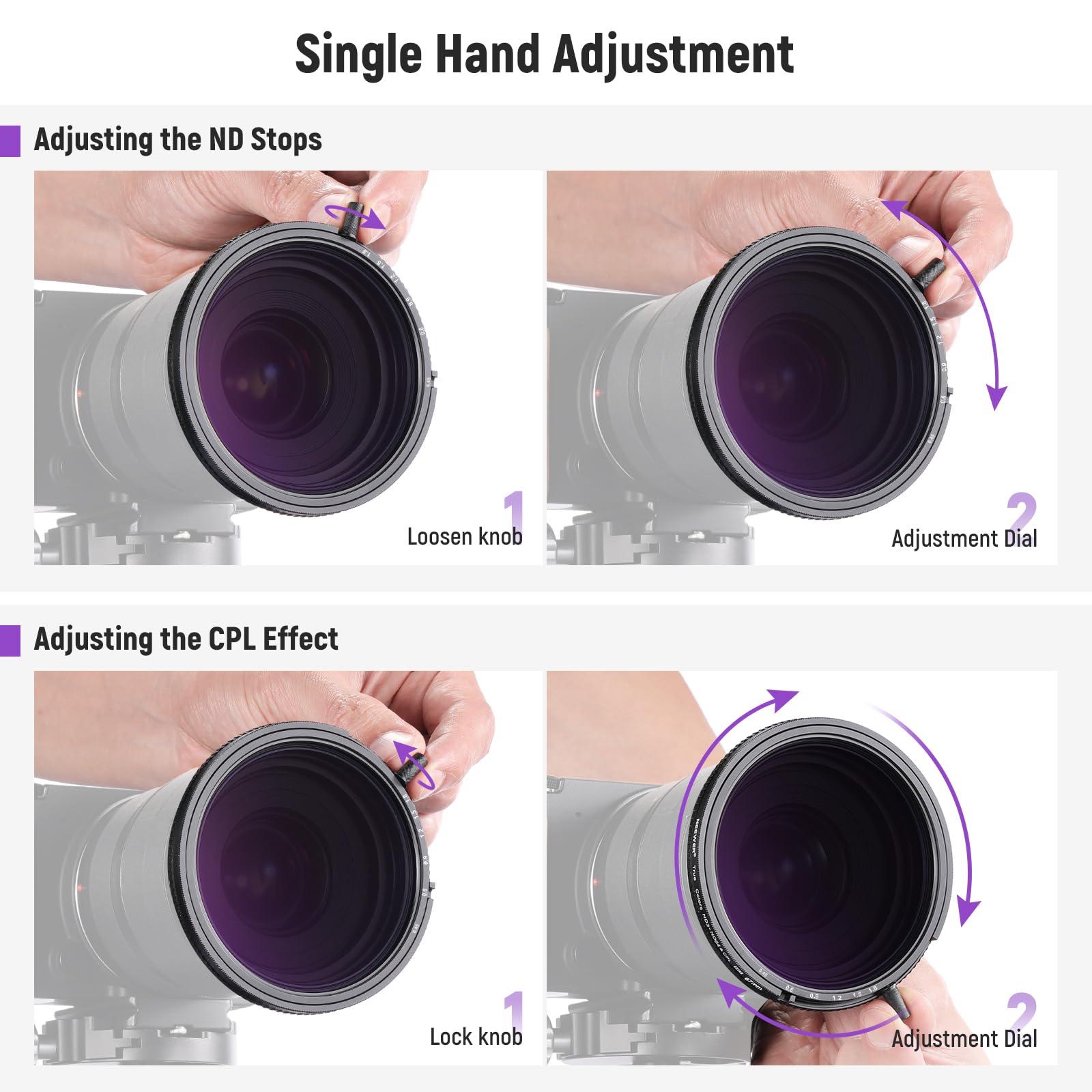 NEEWER NEEWER 67mm True Colors Variable ND&CPL Filter with Putter, ND3-64(1.5-6 Stops), 2 in 1 Adjustable Limited Neutral Density & CPL Filter, Multi Coated HD Optical Glass/Aluminum Frame/Scratch Resistant