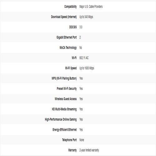 ARRIS ARRIS Surfboard (8x4) Docsis 3.0 Cable Modem Plus AC1600 Dual Band Wi-Fi Router, Certified for Comcast Xfinity, Spectrum, Cox & More (SBG6700AC), White, Max Download Speed: 343 Mbps