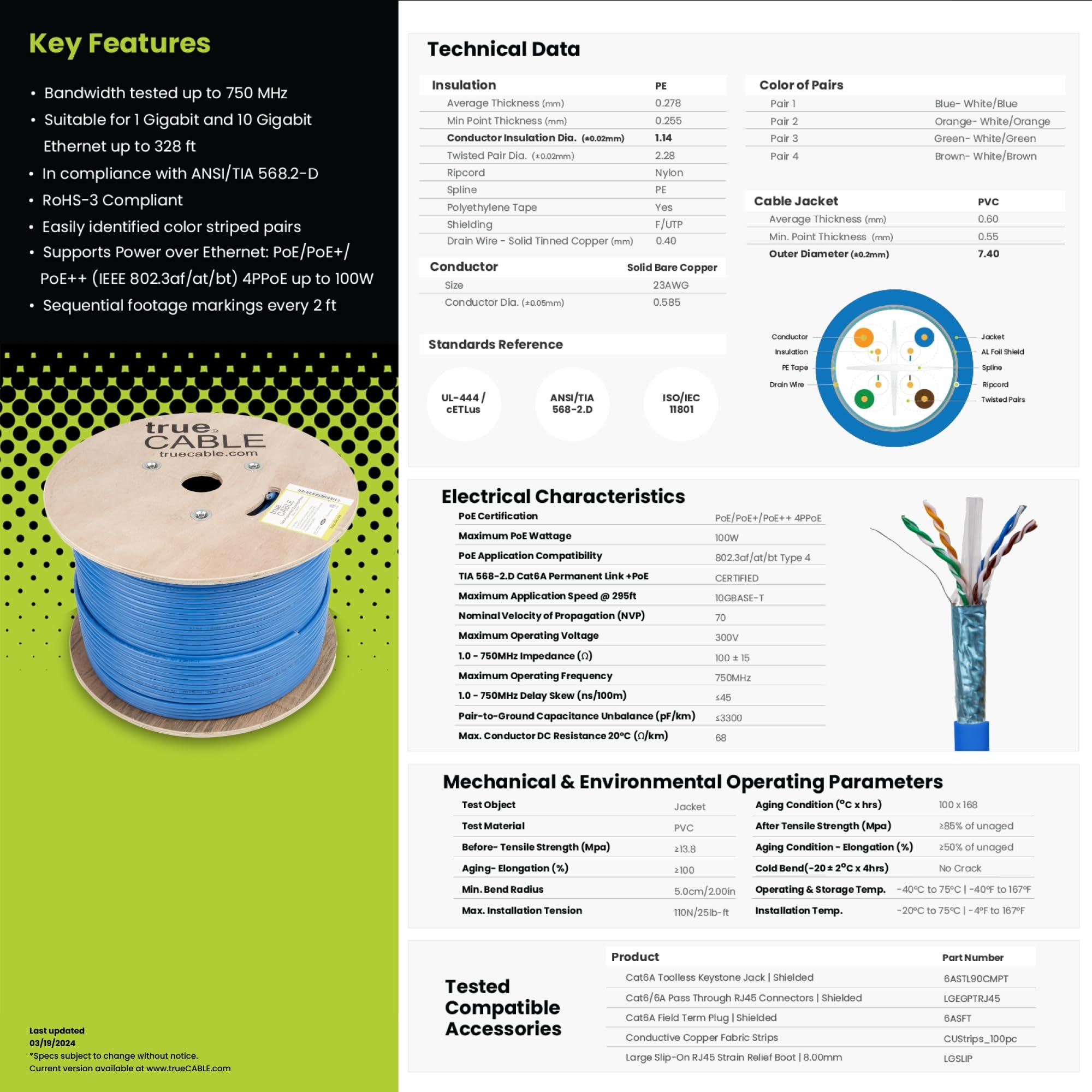 TRUE CABLE trueCABLE Cat6A Shielded Riser (CMR), 1000ft, Red, 23AWG Solid Bare Copper, 750MHz, PoE++ (4PPoE), ETL Listed, Overall Aluminum Foil Shield (F/UTP), Bulk Ethernet Cable