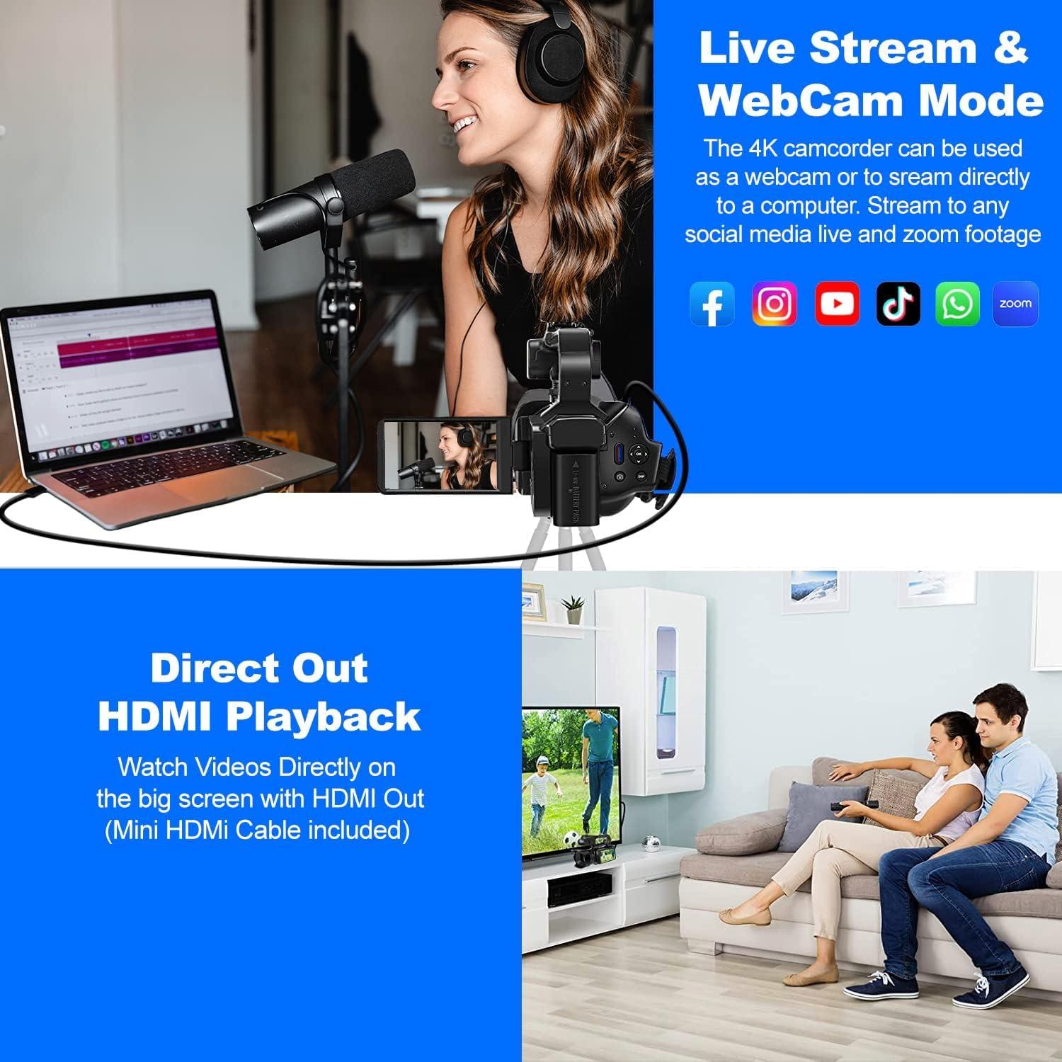 Acuvar Acuvar 6K HD Camcorder Video Camera, 64MP 60FPS Camcorder Video Camera 6K with Mic, WiFi, LED Light, 64GB SD Card, Battery, Live Stream Webcam YouTube Video Cam for Vlogging & Filming Creators