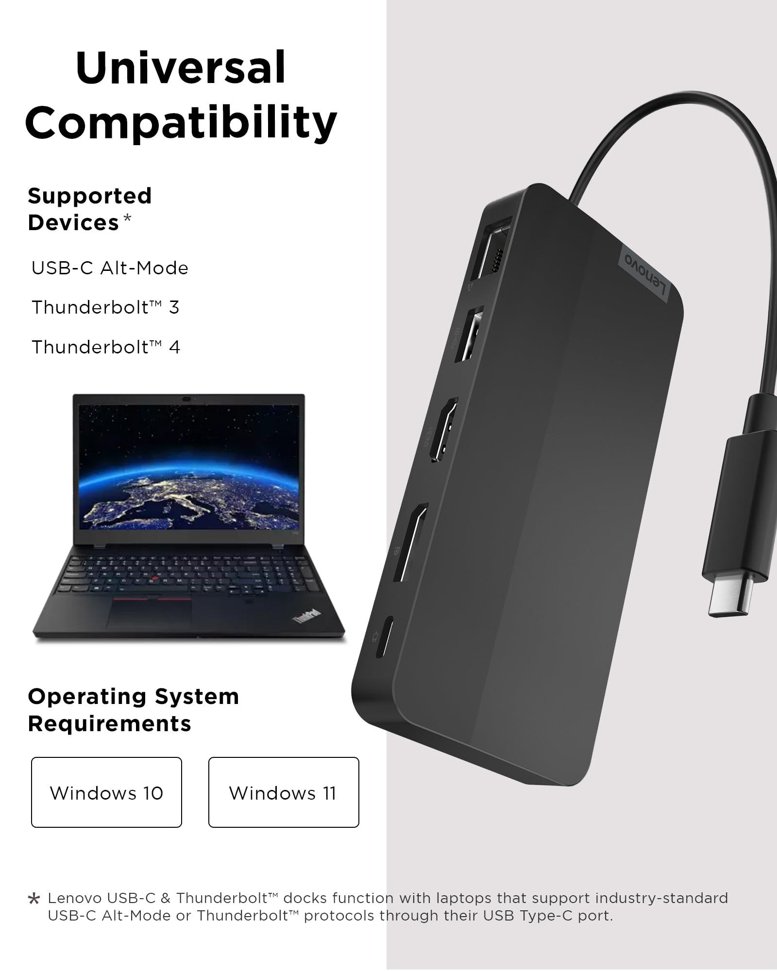 Lenovo Lenovo USB-C Dual Display Travel Dock - 7 Ports, Integrated USB-C Cable, Universal Compatibility, Dual Displays at 4K - Black