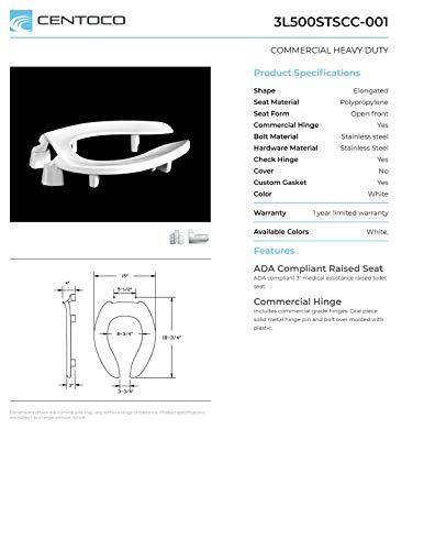 Centoco Centoco 3 inch Raised Toilet Seat for Seniors, Elongated, Open Front No Cover, Plastic, Made in the USA, 3L500STSCC-001, White