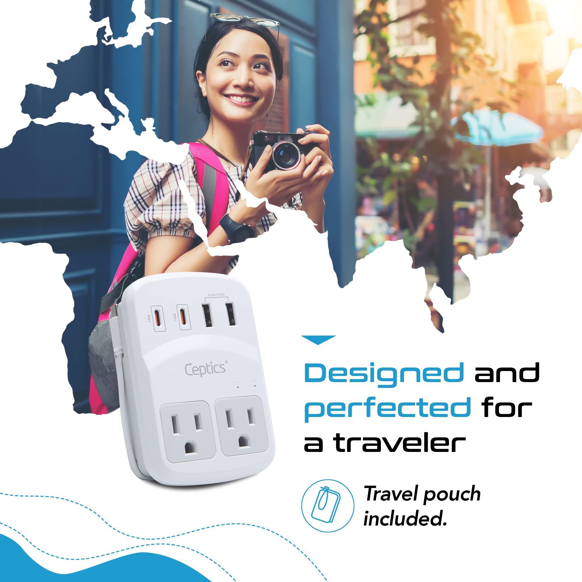 Ceptics Ceptics World Travel Adapter Kit 2 USB-A, USB-C US Outlets, 20W/QC 18W Power Delivery, Surge Protection, SWADAPT Compatible for Europe, UK, China, Australia, Japan Perfect Laptop (WPS-5B)