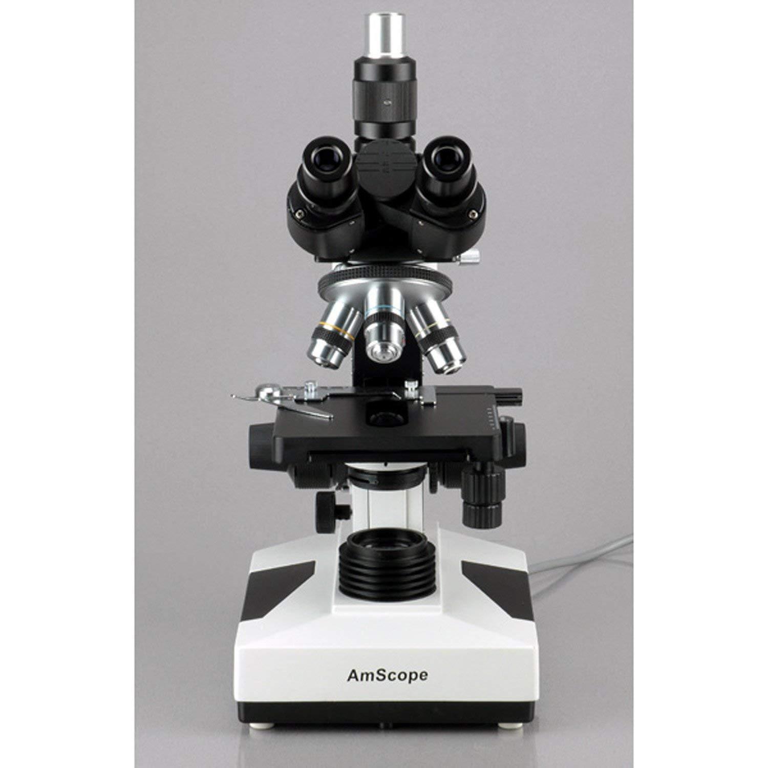 AmScope AmScope T490A-PCS Compound Trinocular Microscope, WF10x and WF16x Eyepieces, 40X-1600X Magnification, Brightfield, Halogen Illumination, Abbe Condenser, Double-Layer Mechanical Stage, Sliding Head, High-Resolution Optics, Includes 3 Phase-Contrast Ob