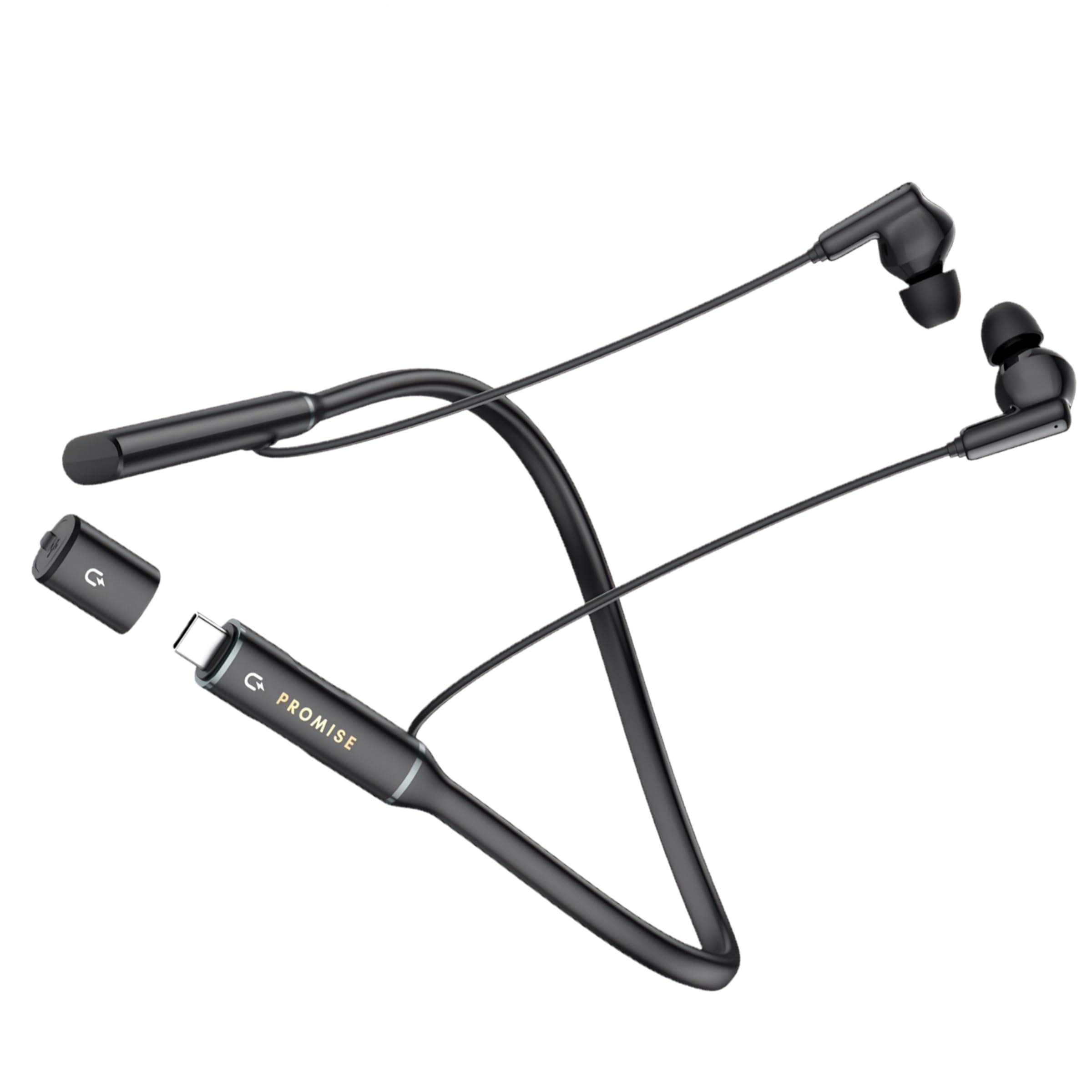 Promise A12 Neckband Bluetooth 5.3 Earbuds - 60H Playtime, Built-in OTG Fast Charger, Lightweight Memory Steel, Type-C Adapter, Noise-Isolating Earphones for Sports, Gaming & Calls
