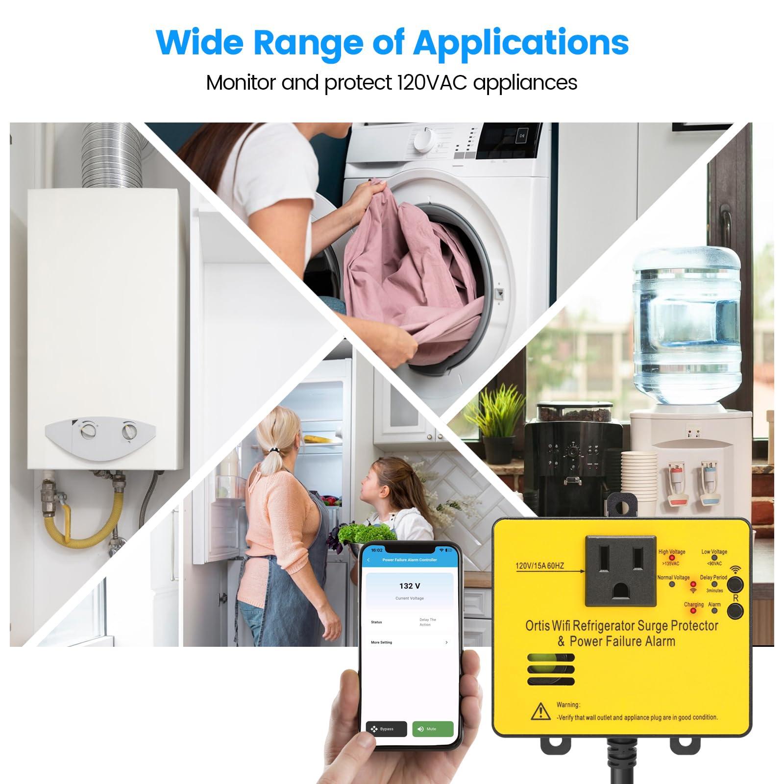 Ortis Wi-Fi Smart Power Failure Alarm with Surge Protector, Remotely Monitor and Control Your Refrigerator Via App, Ensuring The Safety of Refrigerator and Food Stored Inside, Yellow
