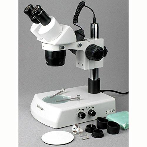AmScope AmScope SW-2B24X Binocular Stereo Microscope, WH10x Eyepieces, 10X/20X/40X Magnification, 2X/4X Objective, Upper and Lower Halogen Lighting, Pillar Stand, 110V-120V, Includes 0.5x Barlow Lens