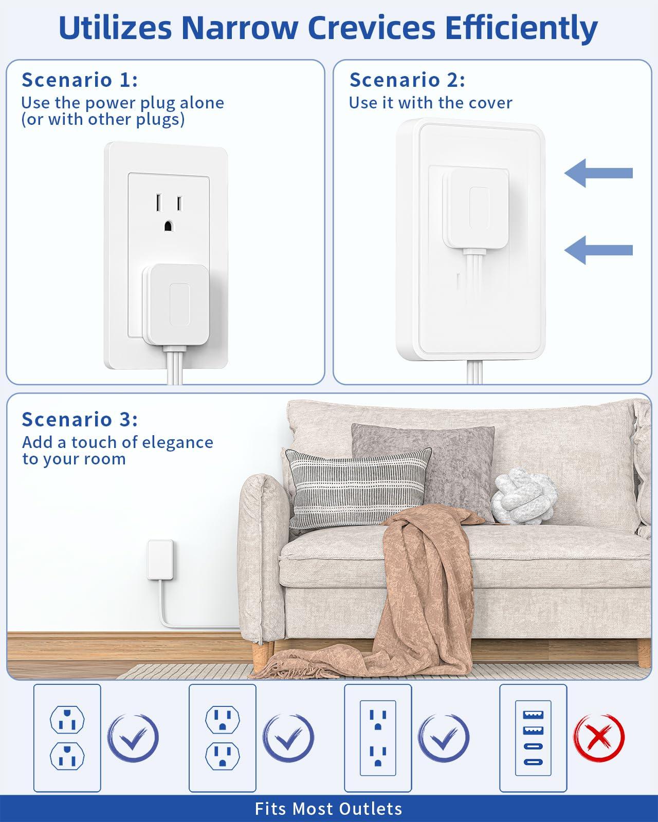 PAEWOK Flat Outlet Extender with Detachable Outlet Cover, Flat Wall Extension Cord with 6 Sockets, Flat Plug Power Strip with 5 FT Cord Hidden for Home, Office, College Dorm, White