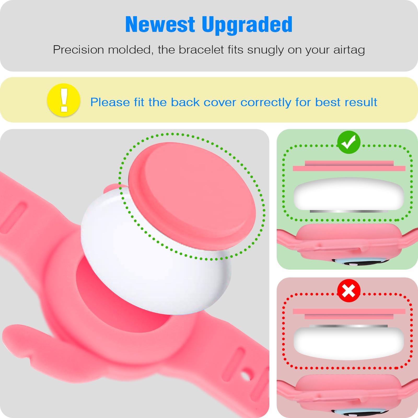 ZHOC 2 Pack AirTag Holder for Kids, Waterproof Airtag Bracelet for Kids with Cute Cartoon Design, Full Coverage Anti-Lost Silicone Airtag Accessories for Child, Healthy Material Pink + Blue