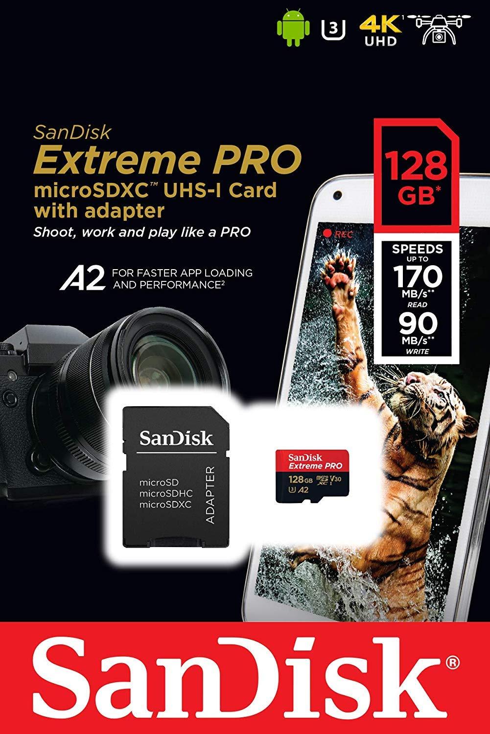 SanDisk SanDisk 128GB Micro SDXC Memory Card Extreme Pro Works with GoPro Hero 8 Black, Max 360 Action Cam U3 V30 4K Class 10 (SDSQXCY-128G-GN6MA) Bundle with 1 Everything But Stromboli MicroSD Card Reader