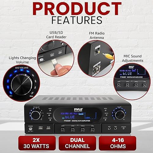 Pyle Pyle Bluetooth Home Theater Receiver Amplifier - 180W Peak Power Amp w/Treble, Bass, Echo Control, MP3/USB/FM, Dual Channel Audio Stereo System for Home Streaming Entertainment, Karaoke, Professional