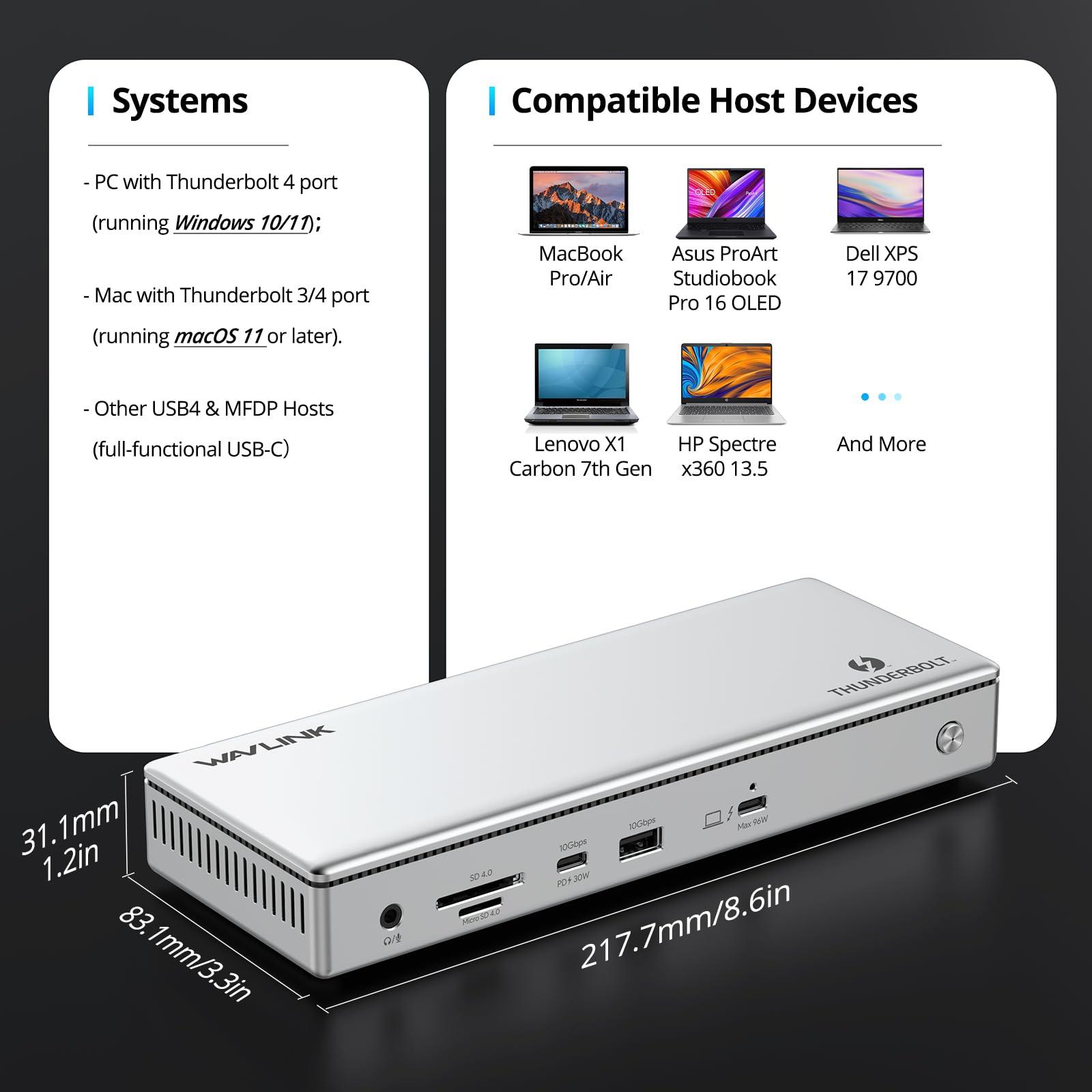 WAVLINK WAVLINK Thunderbolt 4 Hub with Dual HDMI 4K@60Hz,100W Charging, Thunderbolt Certified, 13-in-1 Thunderbolt 4 Dock Dual Monitor Single 8K Output for Windows or Mac, 4X USB, 2.5G Ethernet,SD/MicroSD