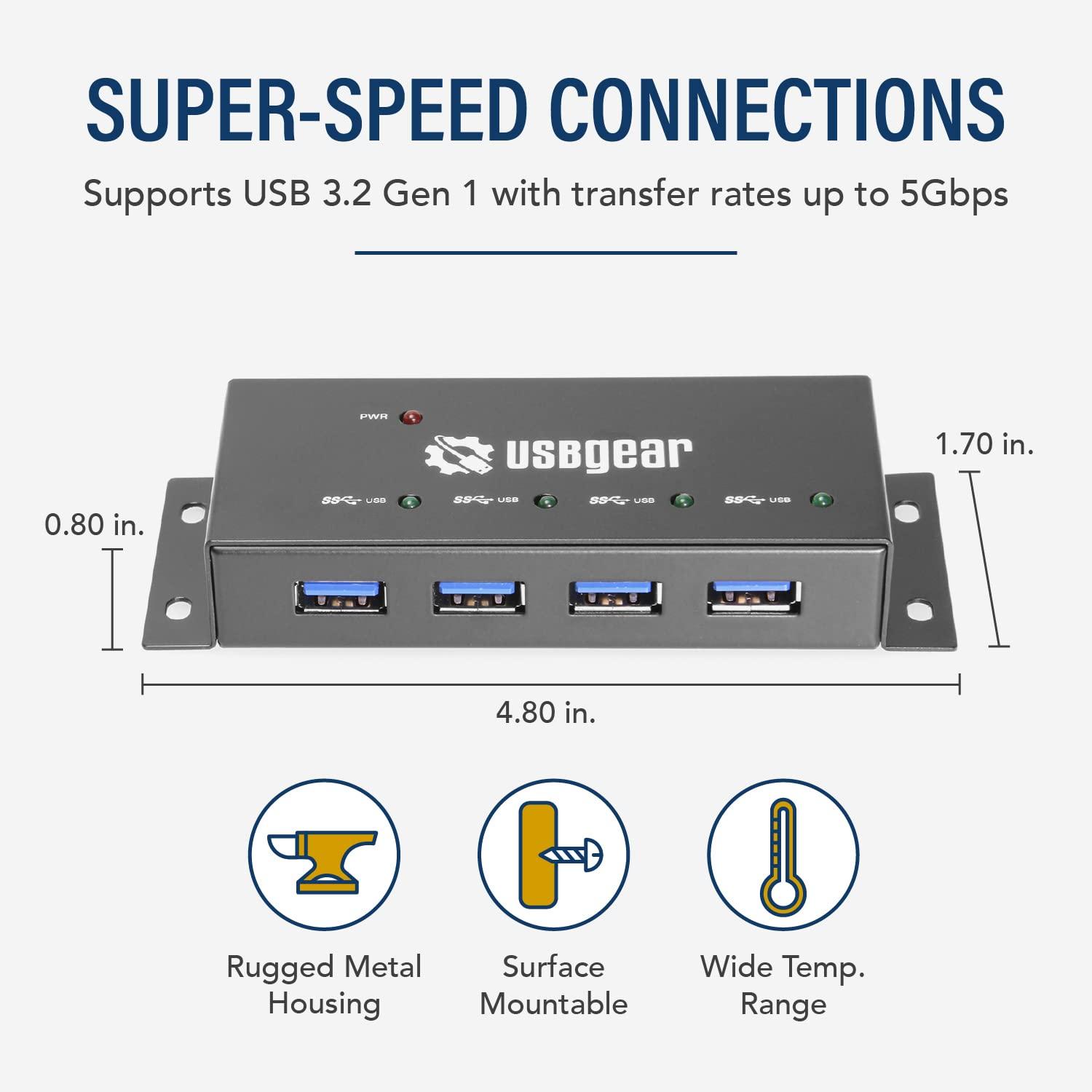 USBGear Compact 4-Port USB 3.2 Gen 1 Mini High-Power Hub w/Power Adapter, Port Status LEDs, 5 Gbps Data, Surface Mountable
