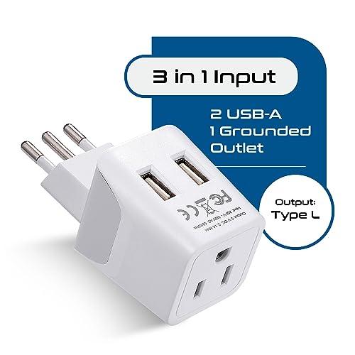 Ceptics Ceptics Italy, Europe Travel Adapter Plug Set - 2 Pack - with 2 USB + USA Socket Input - Type L and Type C - Ultra Compact - Safe Grounded Perfect for Cell Phones, Laptops, Camera Chargers