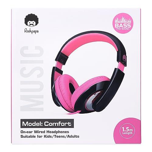 rockpapa rockpapa Comfort Kids Headphones for School, Lightweight Childrens Boys Girls Teens Over-Ear Headphones Wired 3.5mm for CD DVD Player Tablet Phone Travel Black/Pink