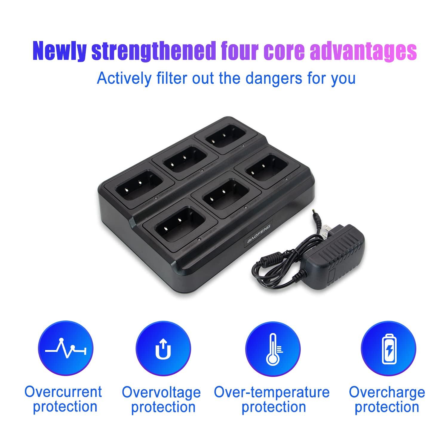 Greaval Greaval GV-8S Long Range Walkie Talkies with Six-Way Multi-Unit Charger for Adults, 6 Pack Rechargeable Walkie Talkies with 12 Li-ion Batteries, Two-Way Radio with Earpieces and Mic