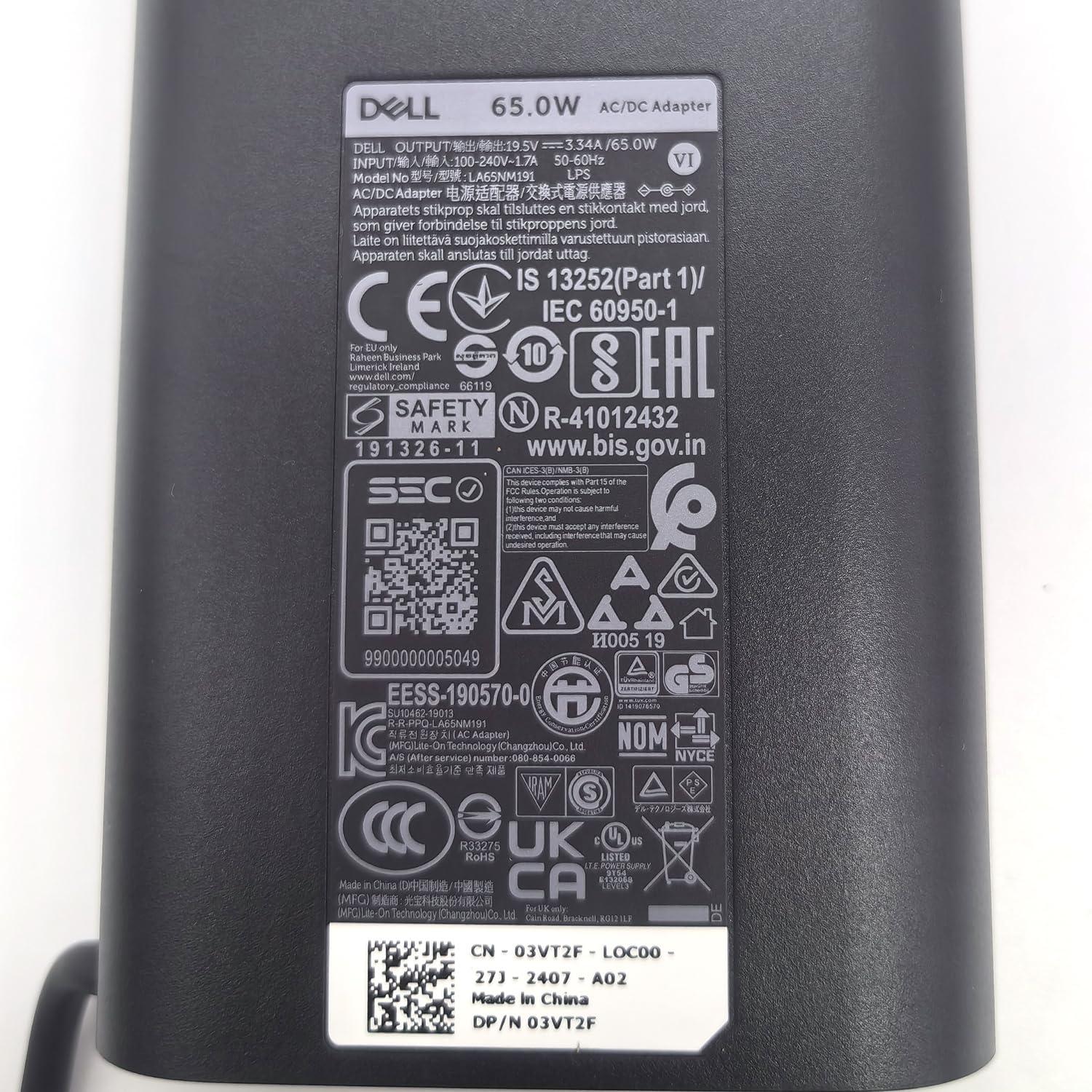 Dell Dell Laptop Charger 65W watt Barrel 7.4mm tip, Latitude 7280 7285 7380 7389 7480 7290 7390 7490 AC Power Adapter 19.5V 3.34A, Black, LA65NM191