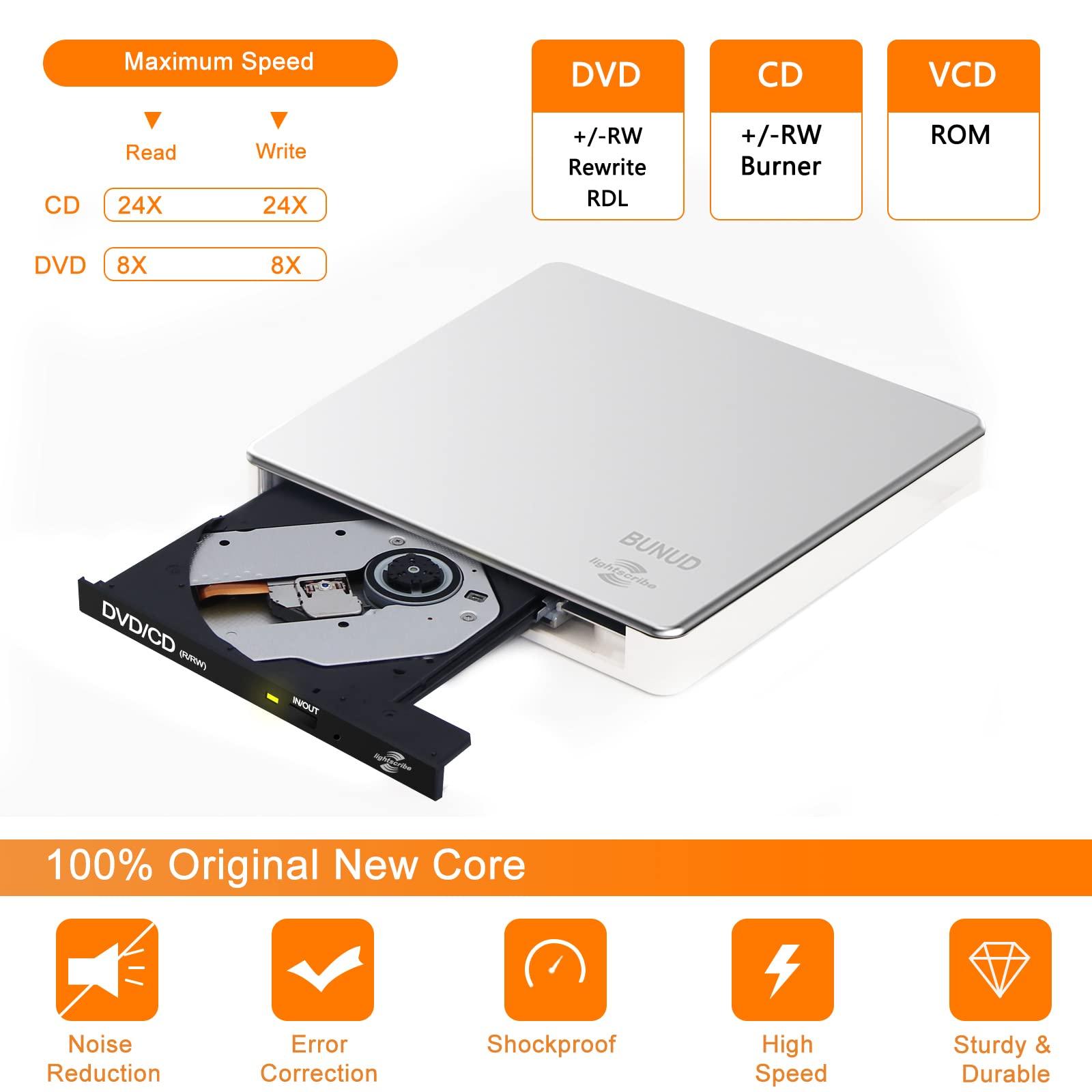 BUNUD External CD DVD Drive LightScribe CD/DVD +/-RW Burner Player Writer Optical Disk Reader Portable CD DVD Drive for Laptop Mac MacBook PC Windows 11 10 Linux OS