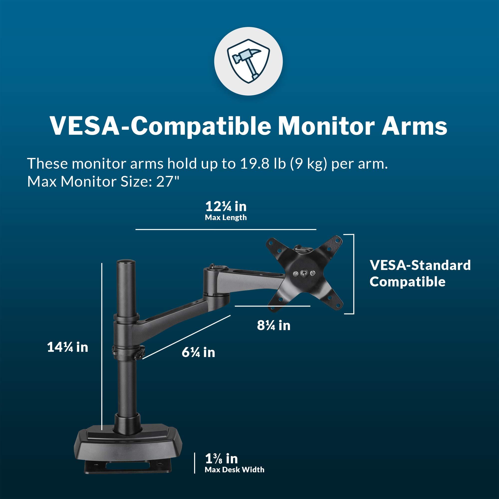 Vari Vari Dual Monitor Arm 180 Degree - VESA Compatible Mount w/ 180 Degree Adjustment - Monitors up to 27 inches, 19.8 lbs - Double Arms for Compact Spaces - Computer Monitor Stand for Home or Office
