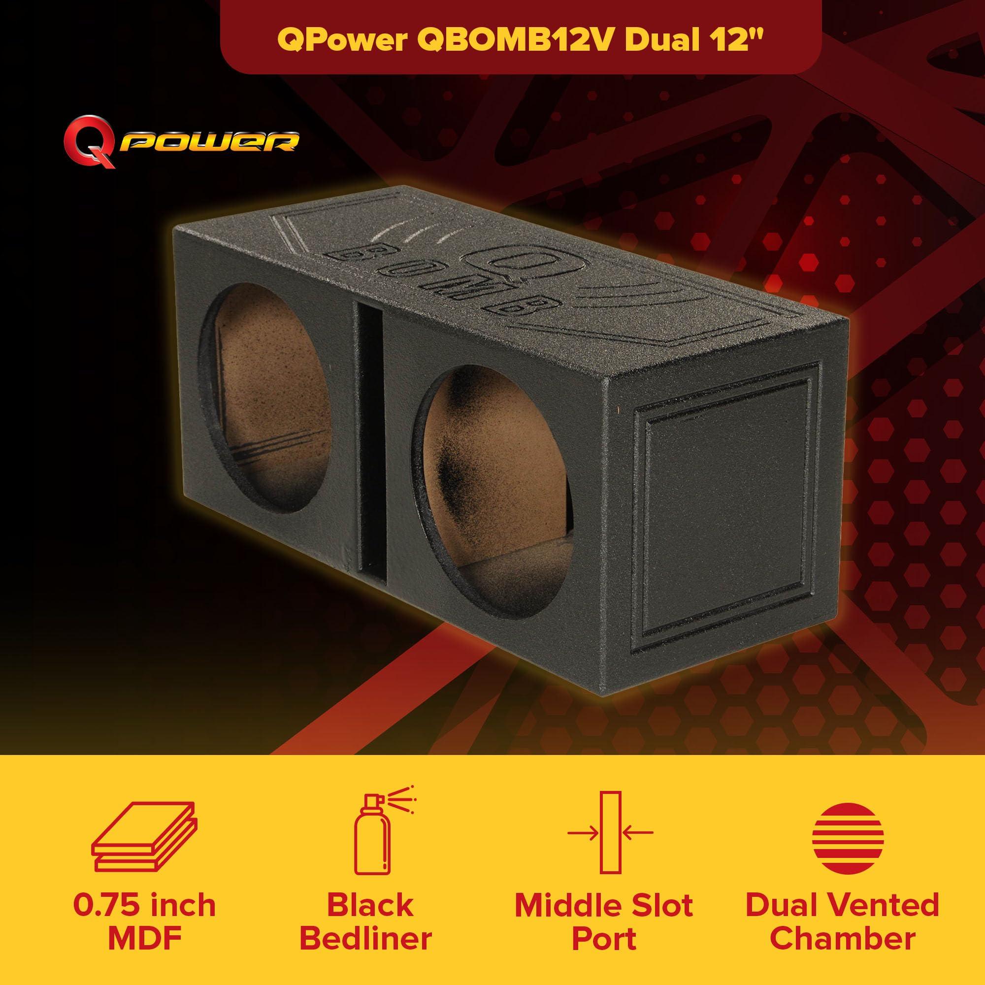 Q Power Q Power Dual 12 Inch Subwoofer Box, High-Performance Vented Speaker Enclosure, Black