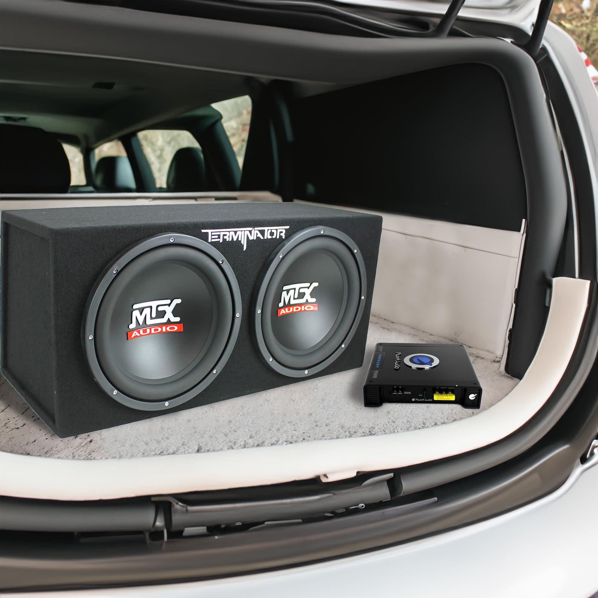 MTX MTX 12\" 1200W Dual Loaded Subwoofers w/Enclosure Bundled with Planet Audio Amplifier & Soundstorm Wiring Kit (2 Pack)