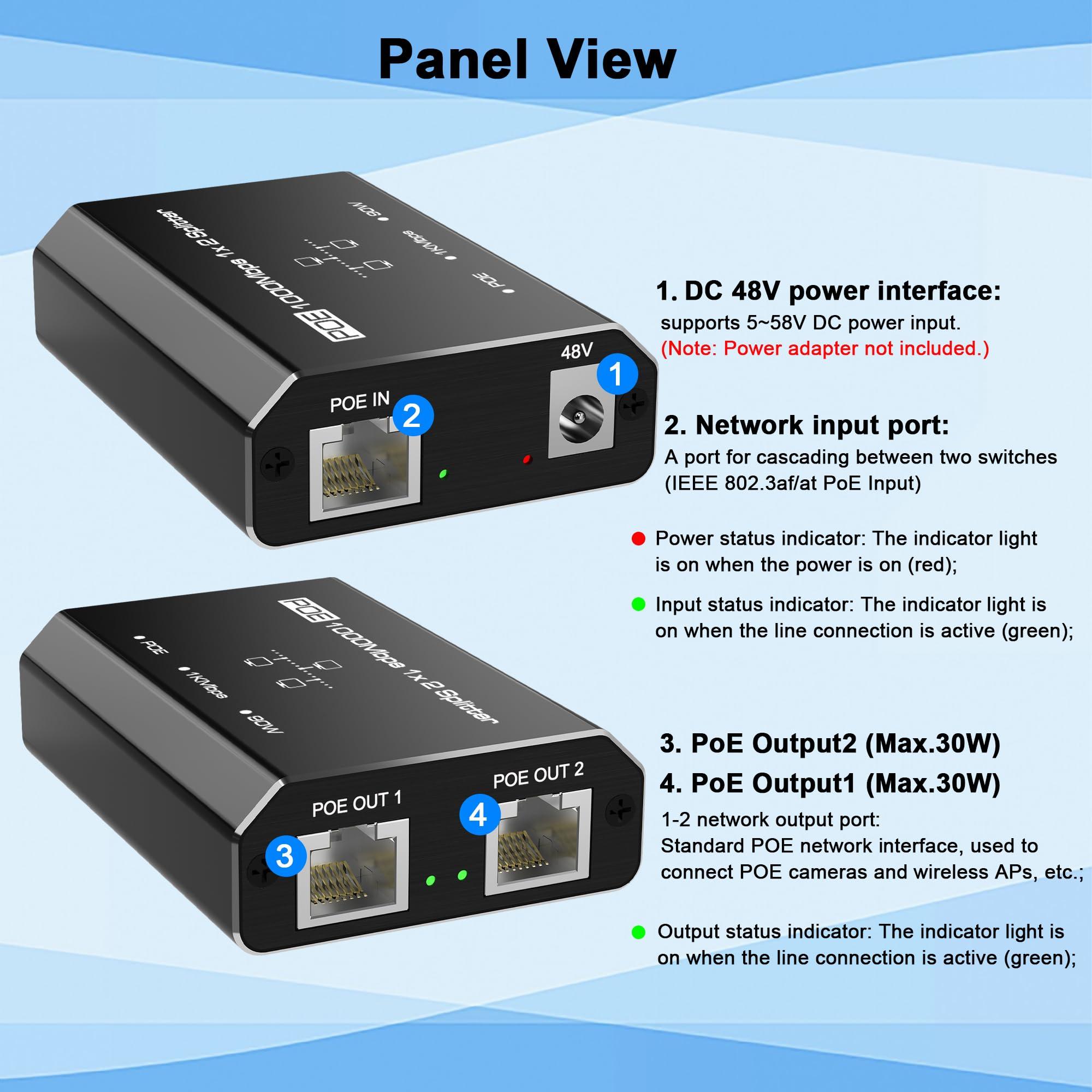 Closs Gigabit PoE Switch, 2 Port Gigabit Ethernet Switch, Ethernet Splitter, Non-PoE to PoE Adapter, Network Hub 1 in 2 Out, Supplies POE (15.4W) or PoE+ (30W), Plug & Play, Distance Up to 328 Ft.